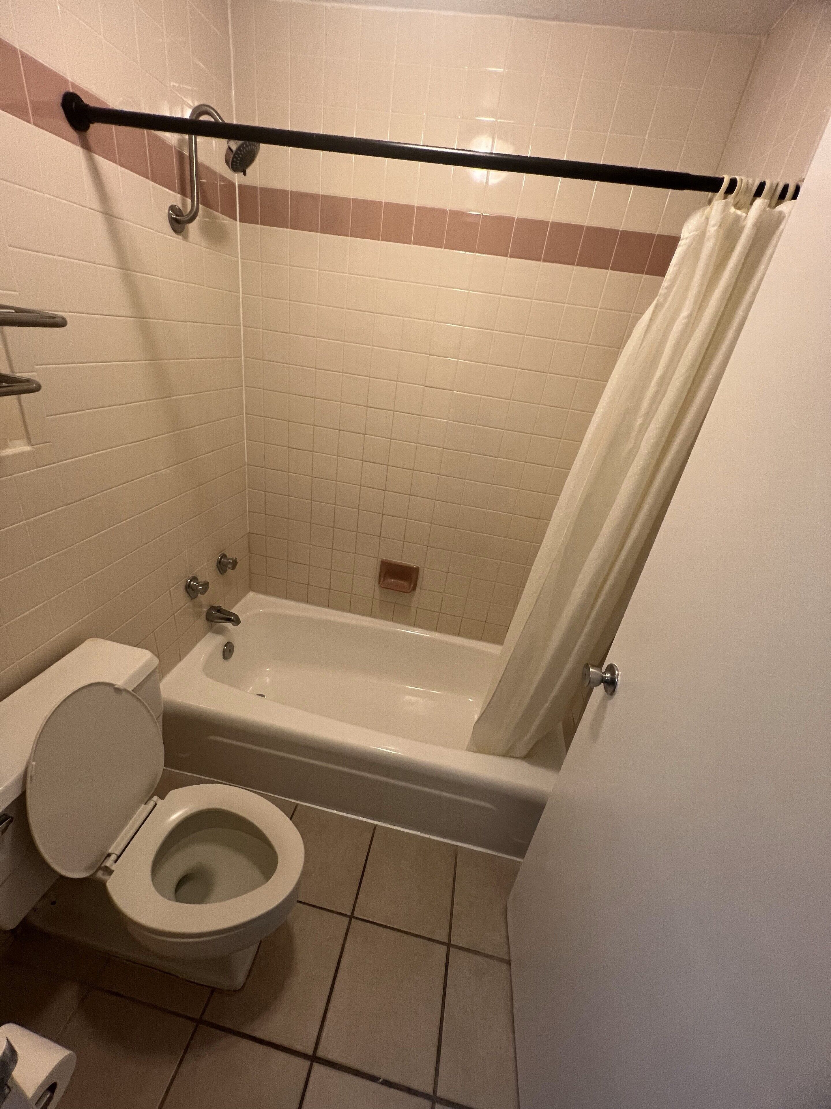 A standard bathroom with a toilet, bathtub, and shower curtain.