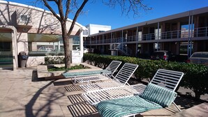 Outdoor lounge chairs with striped cushions, a tree, and a building with multiple floors and balconies.