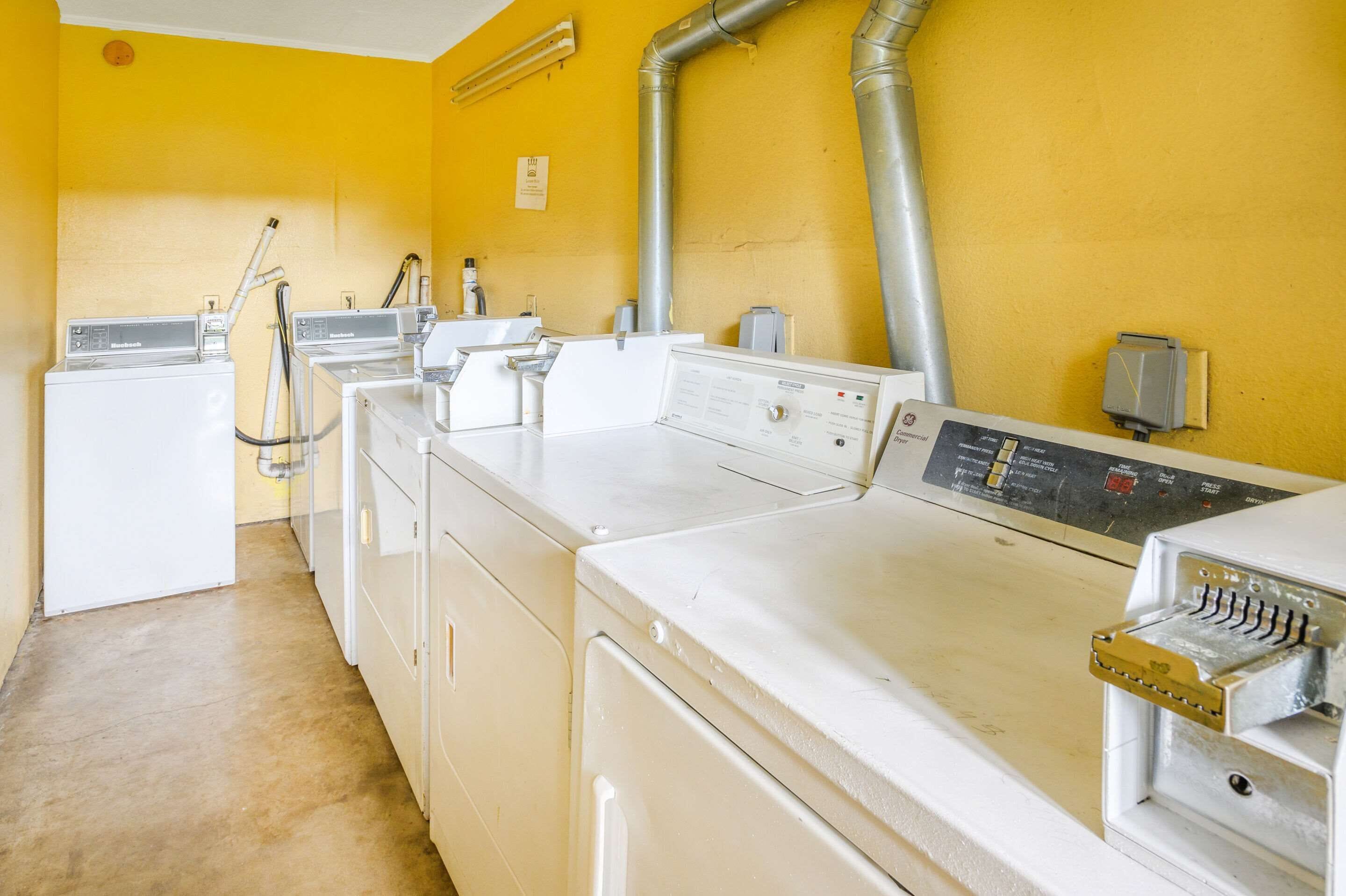 Une buanderie équipée de plusieurs machines à laver et de plusieurs sèche-linge, avec un mur jaune et des tuyaux apparents.