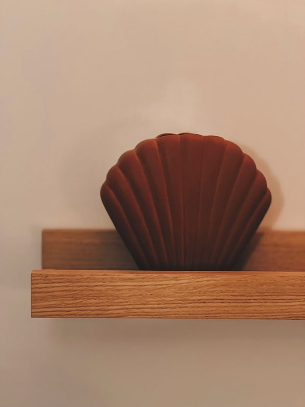 Une étagère en bois sur laquelle repose un objet brun à bords festonnés.