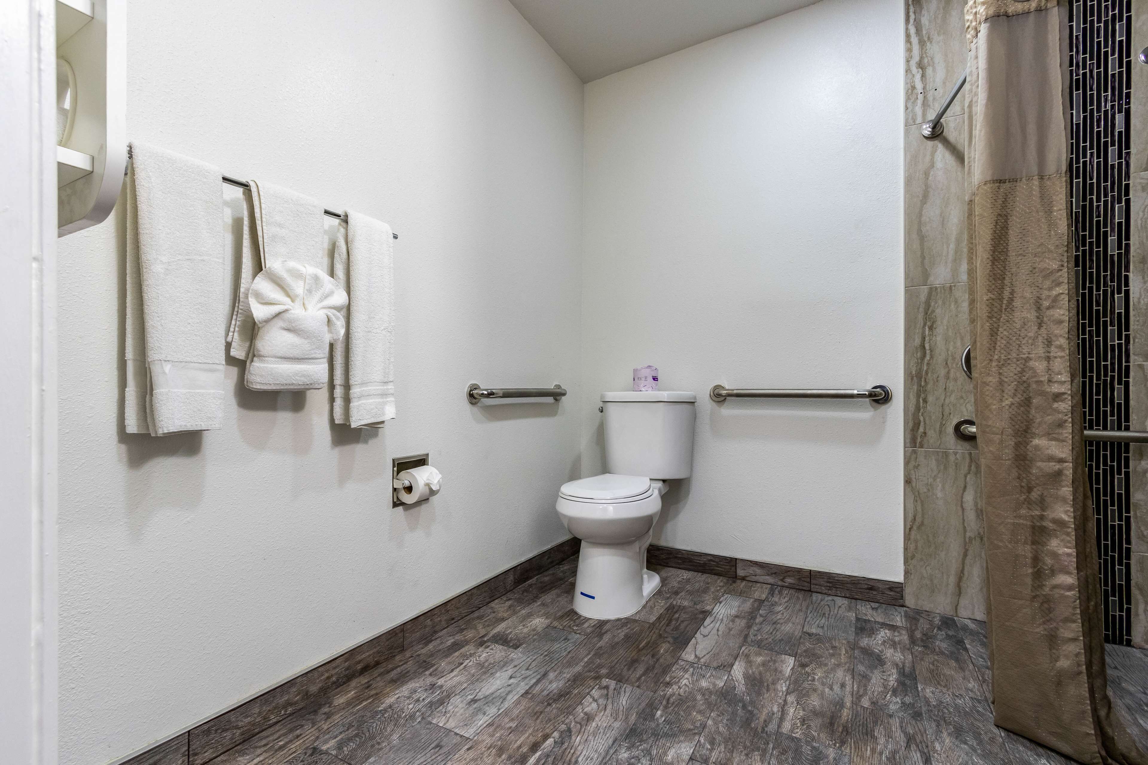 A bathroom with a toilet, a towel rack with towels, a toilet paper dispenser, and a shower area.