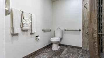 Une salle de bain comprenant des toilettes, un porte-serviettes avec des serviettes, un distributeur de papier toilette et un espace douche.