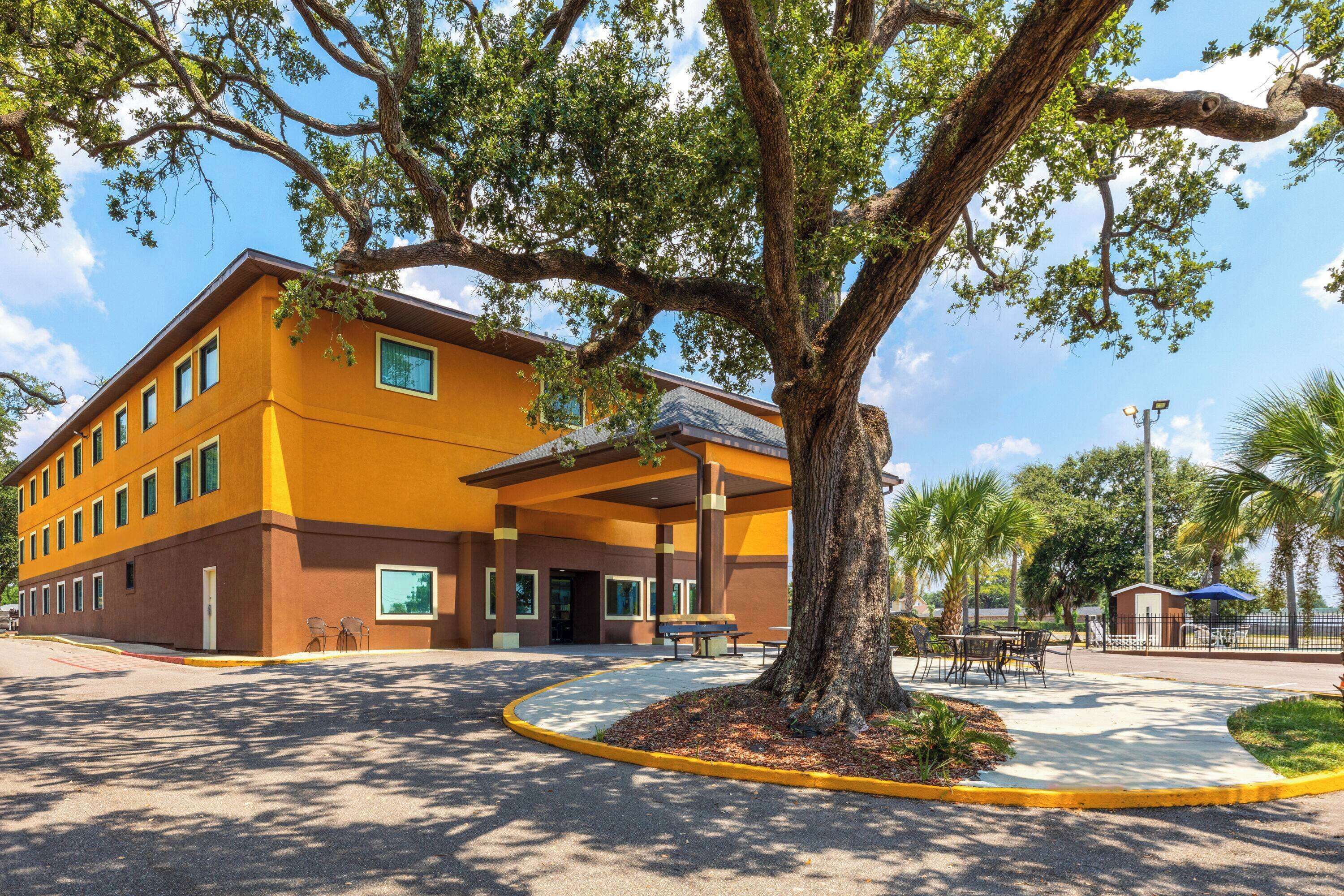Un hôtel à plusieurs étages, avec une façade jaune et un grand arbre devant.