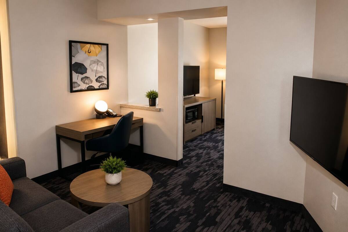 A hotel room with a sofa, a desk with a lamp, a TV, a microwave, a small plant, and a picture of umbrellas on the wall.