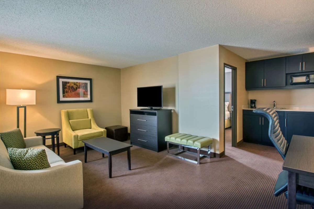 Une chambre d’hôtel équipée d’un canapé, d’un fauteuil, d’une table basse, d’une télévision, d’une kitchenette et d’un tableau encadré au mur.