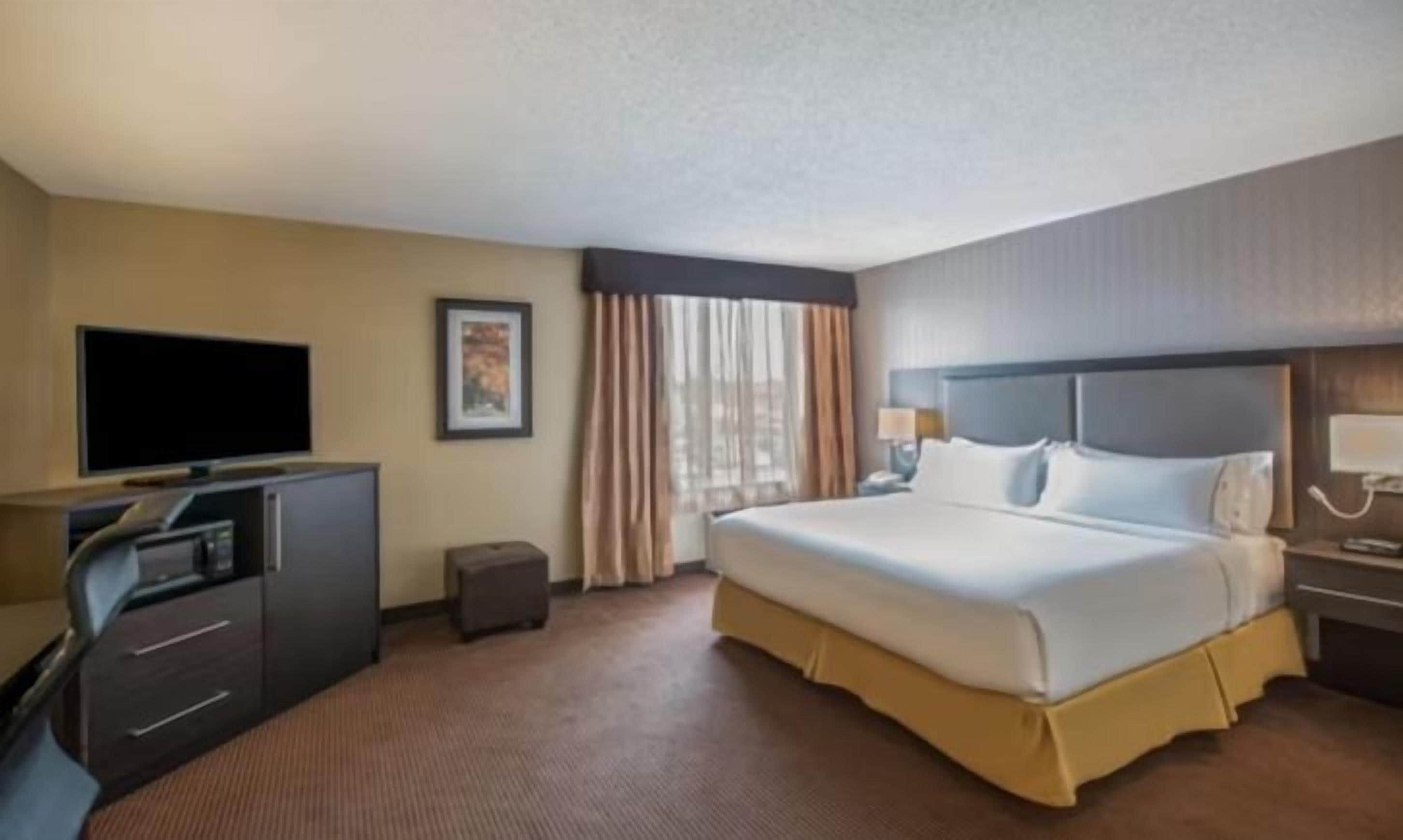 A hotel room with a bed, a television, a desk, and a chair.