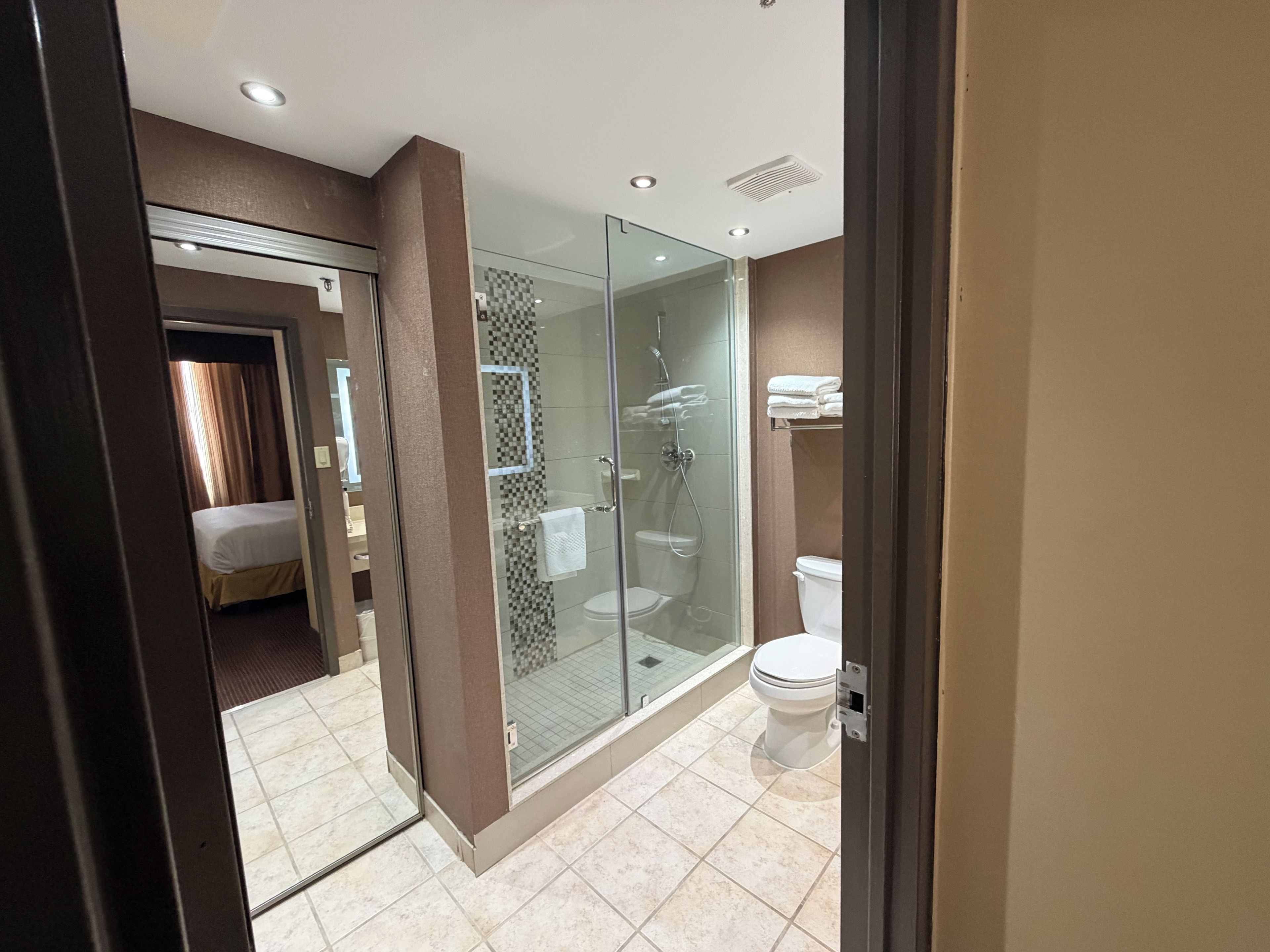 Un baño moderno con ducha envuelta en vidrio, inodoro y toallero a la vista.