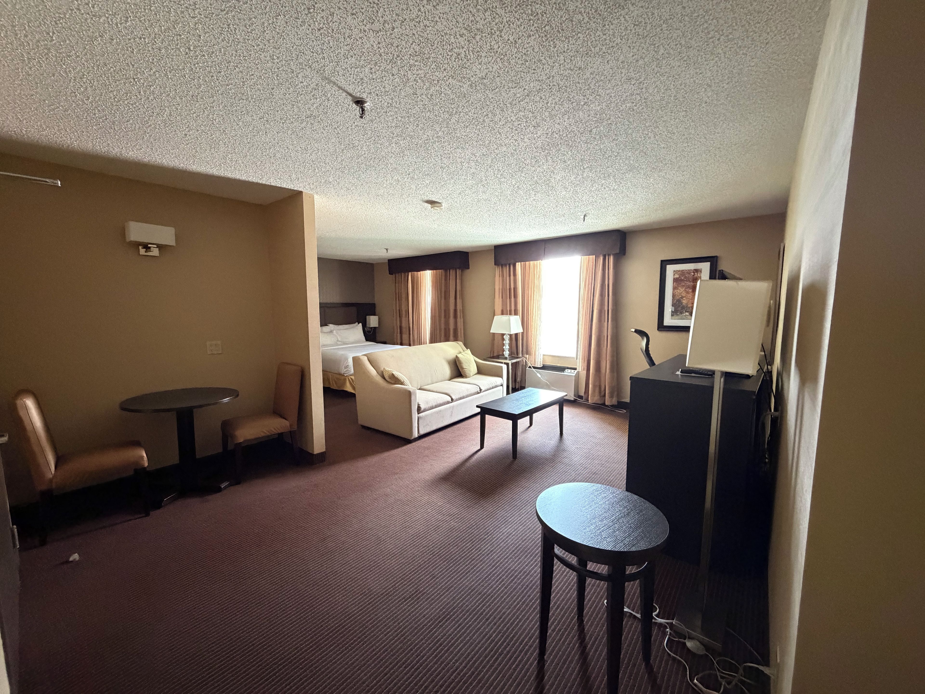 A hotel room with a bed, a sofa, a desk, a chair, and a small round table.