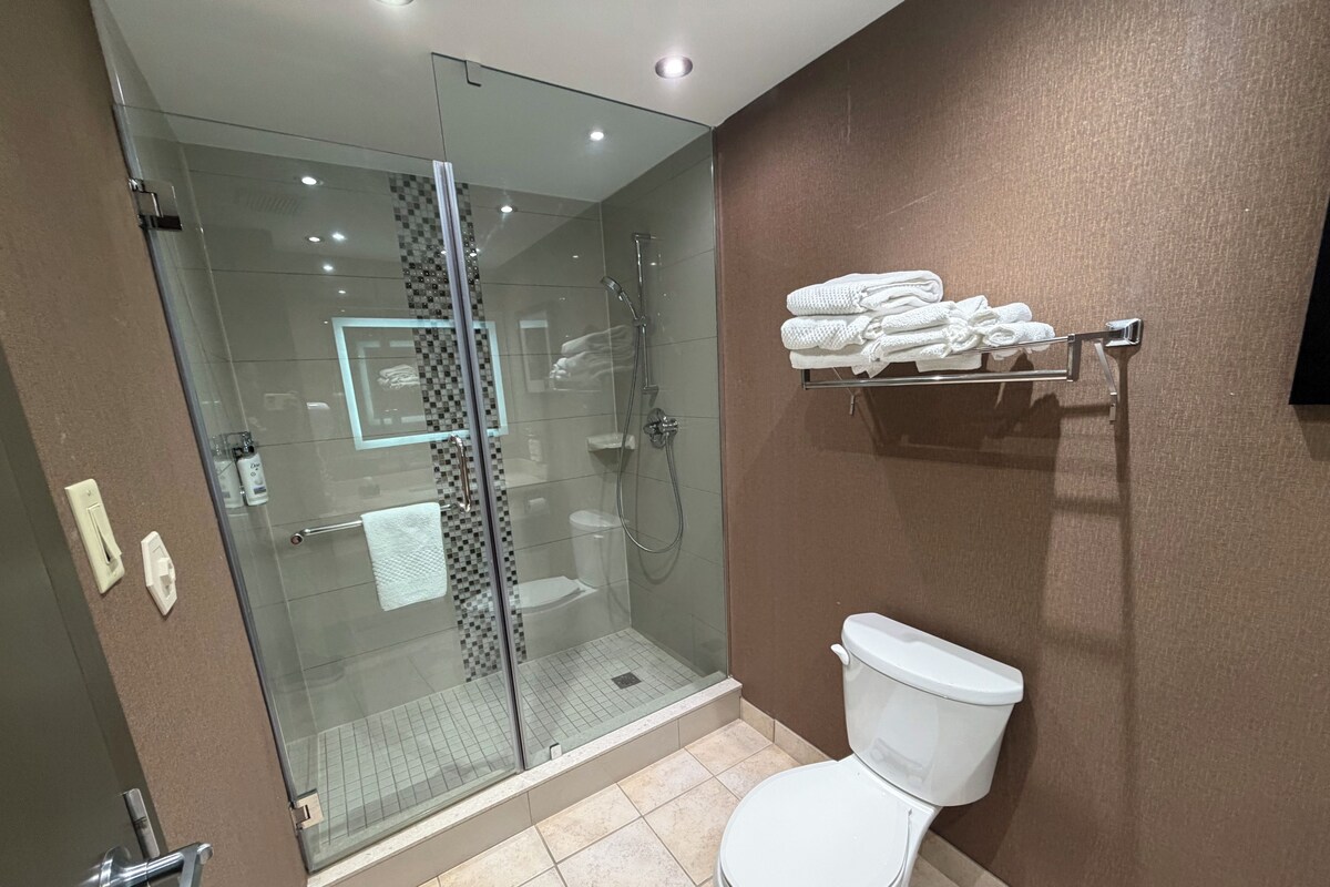 Eco-friendly toiletries, hair dryer, towels