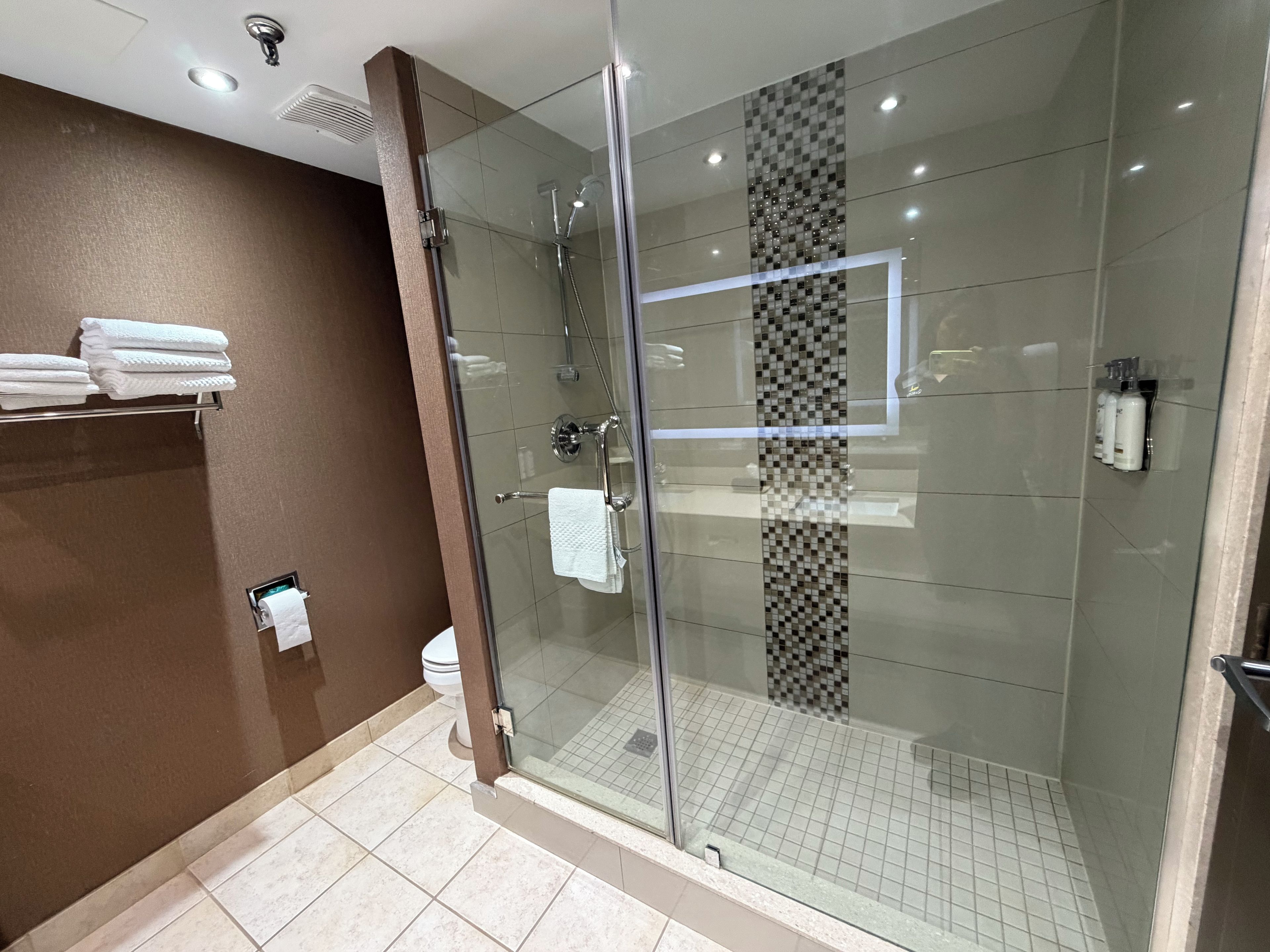 A modern bathroom with a glass-enclosed shower, a toilet, and a towel rack with folded towels.