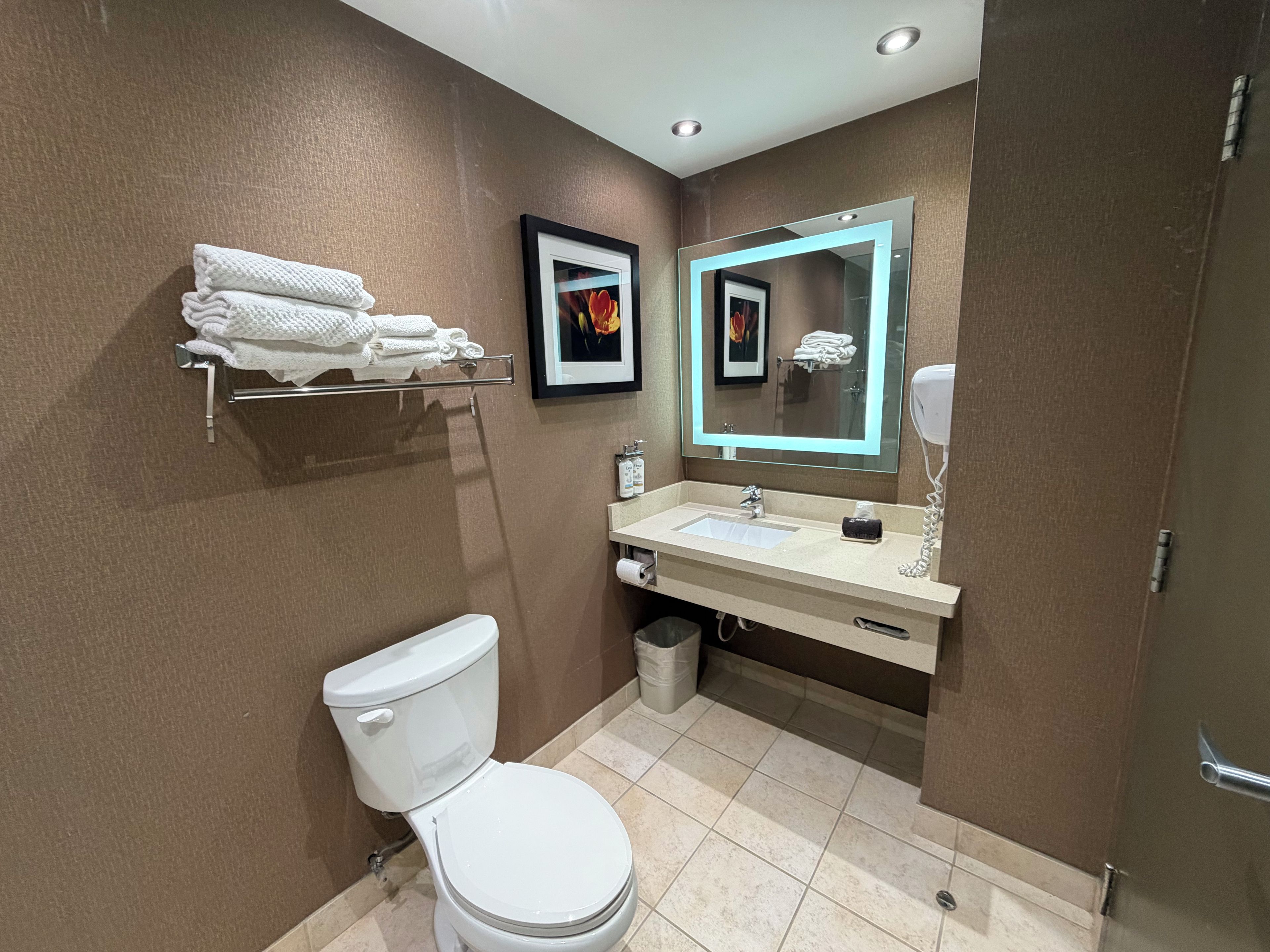 Un baño moderno con inodoro, lavamanos y espejo con luz.