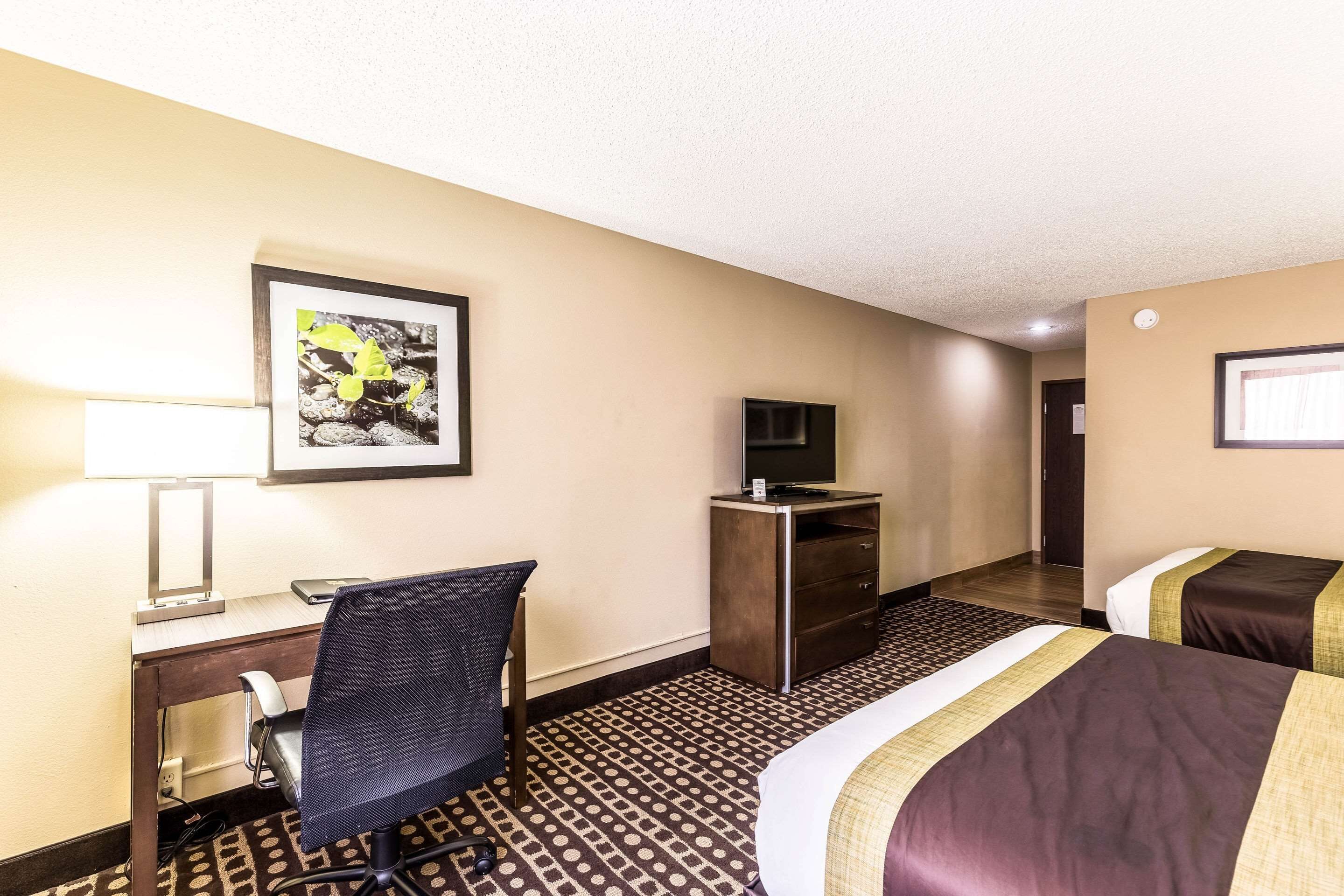 A hotel room with a desk, chair, TV, and two beds.