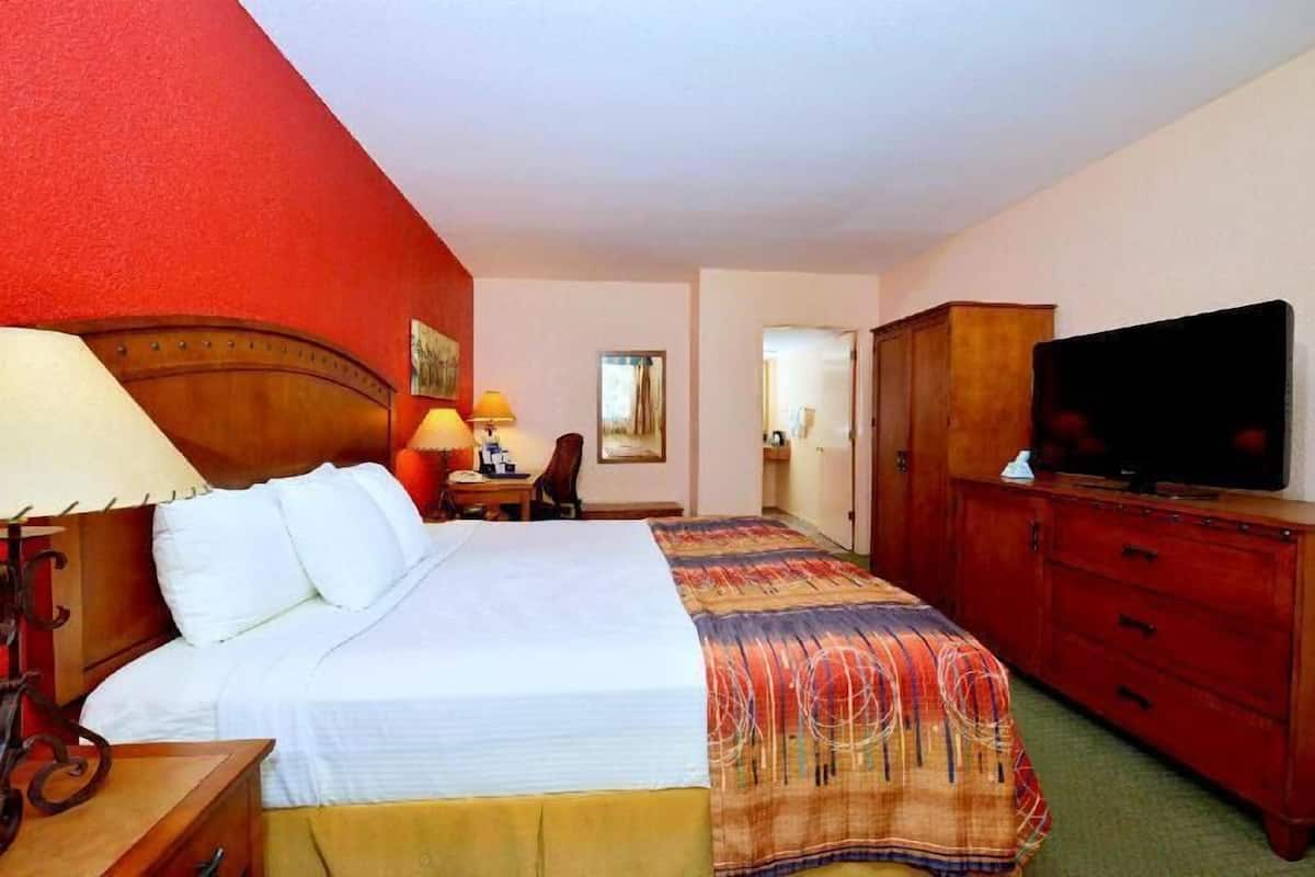 Een hotelkamer met een bed, een televisie, een bureau met lamp en een kledingkast.
