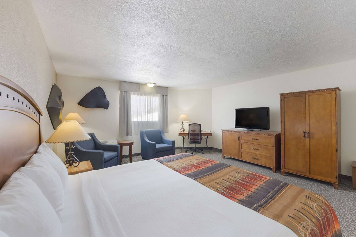 Een hotelkamer met een bed, bureau, stoel, televisie en kledingkast.