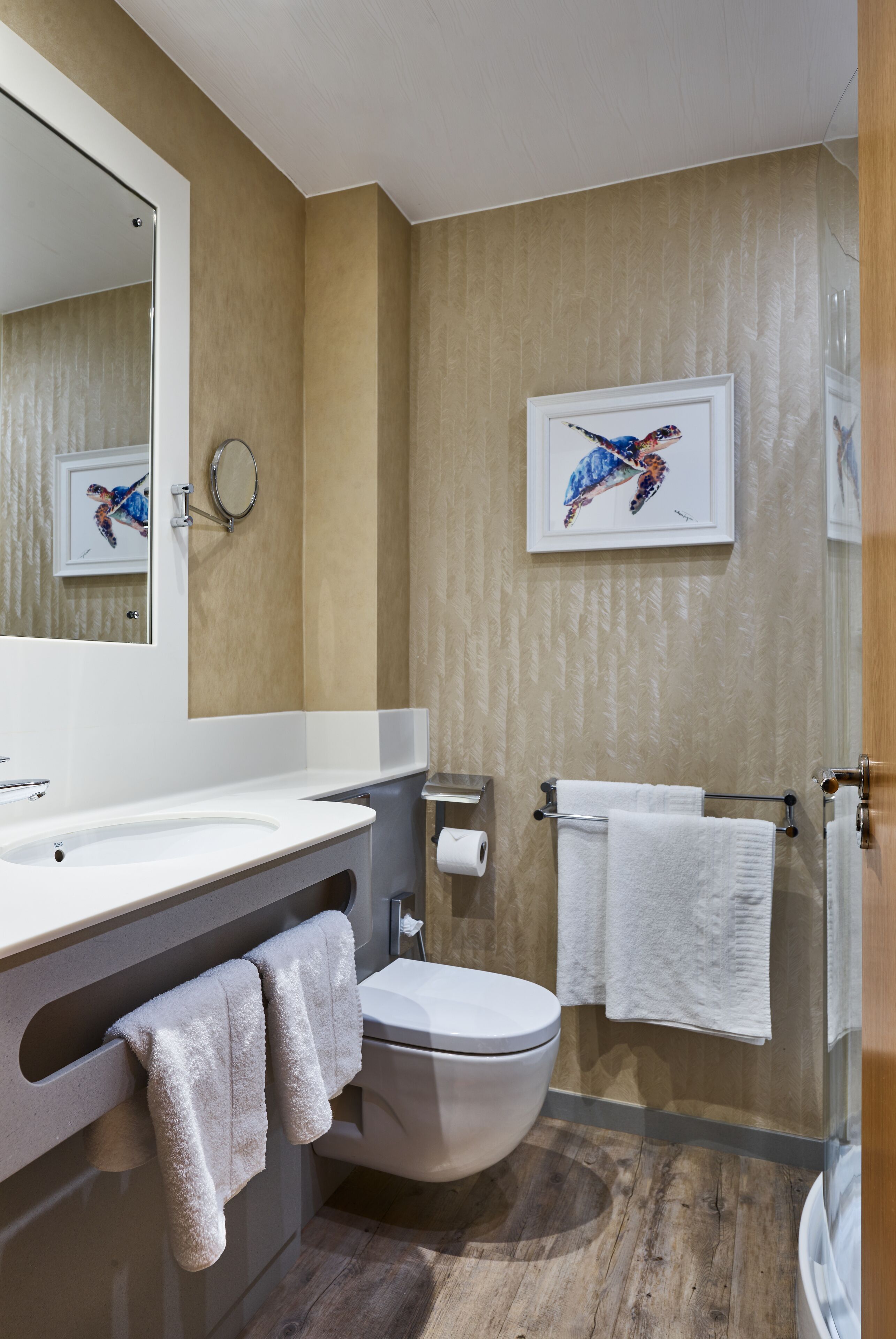 shower, designer toiletries, hair dryer, bathrobes