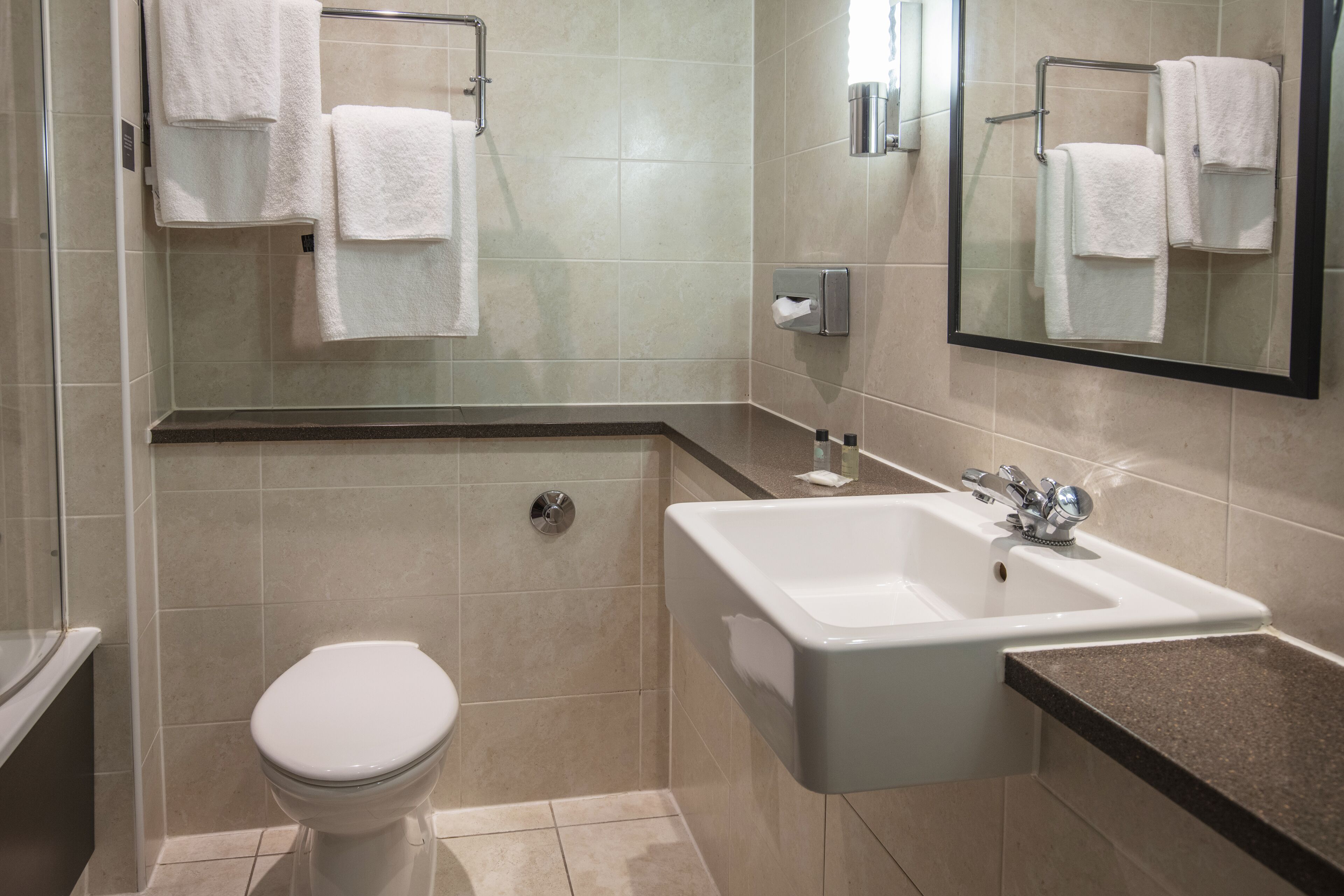 combined shower/bathtub, free toiletries, hair dryer, towels