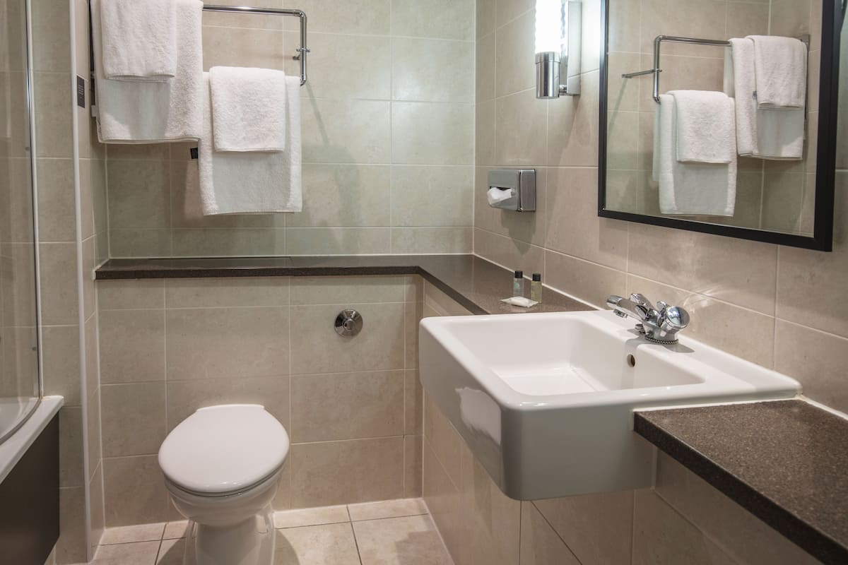 combined shower/bathtub, free toiletries, hair dryer, towels