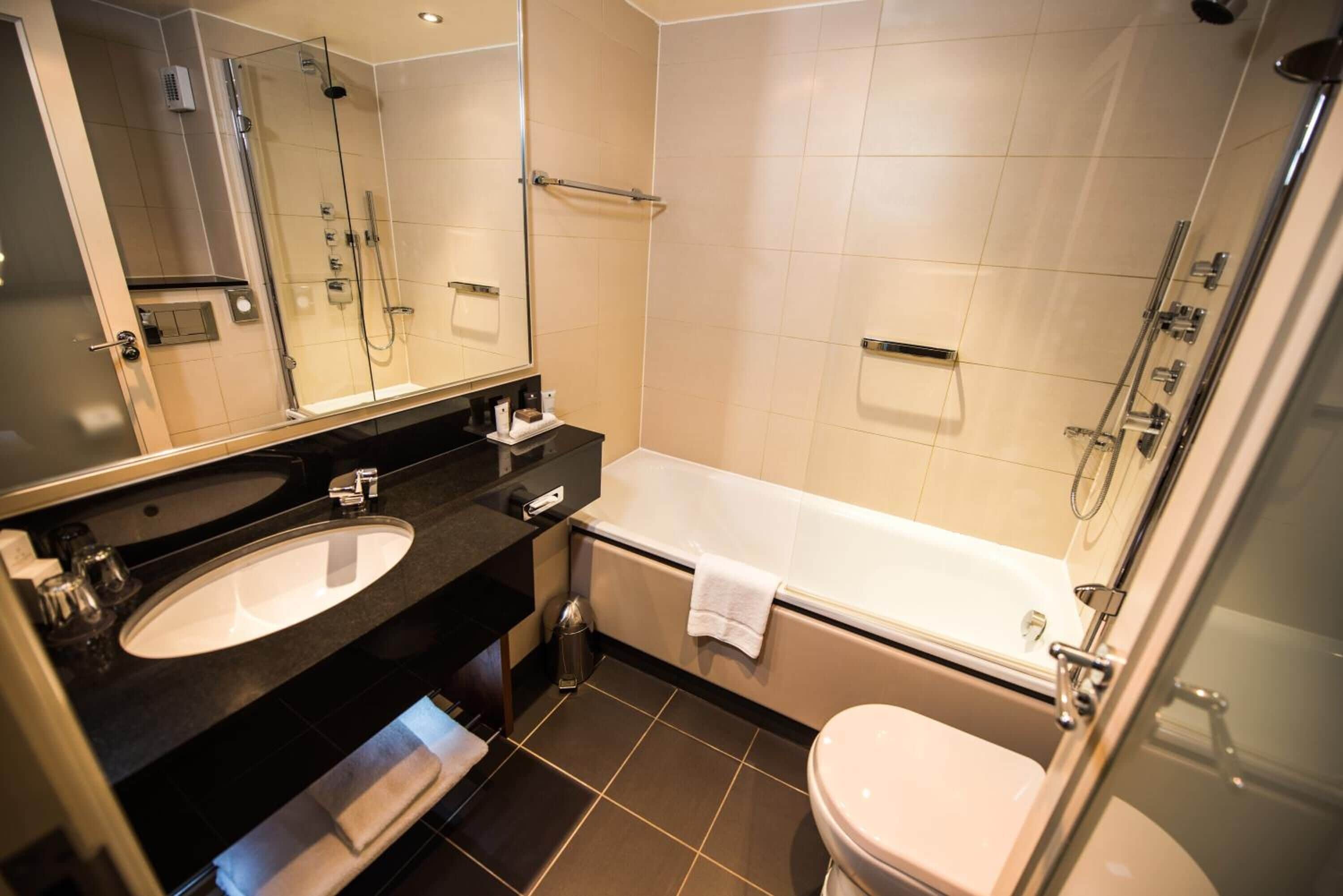 combined shower/bathtub, free toiletries, hair dryer, towels