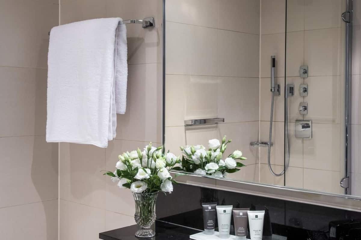 combined shower/bathtub, free toiletries, hair dryer, towels