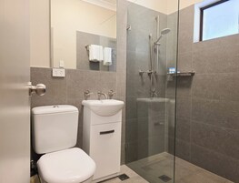 Separate tub and shower, free toiletries, hair dryer, towels