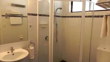 Un baño con ducha de mampara, lavabo e inodoro.