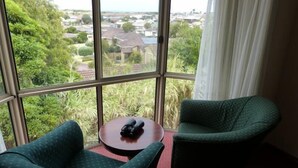 A room with two green armchairs, a small round table, and a view of a residential area through large windows.