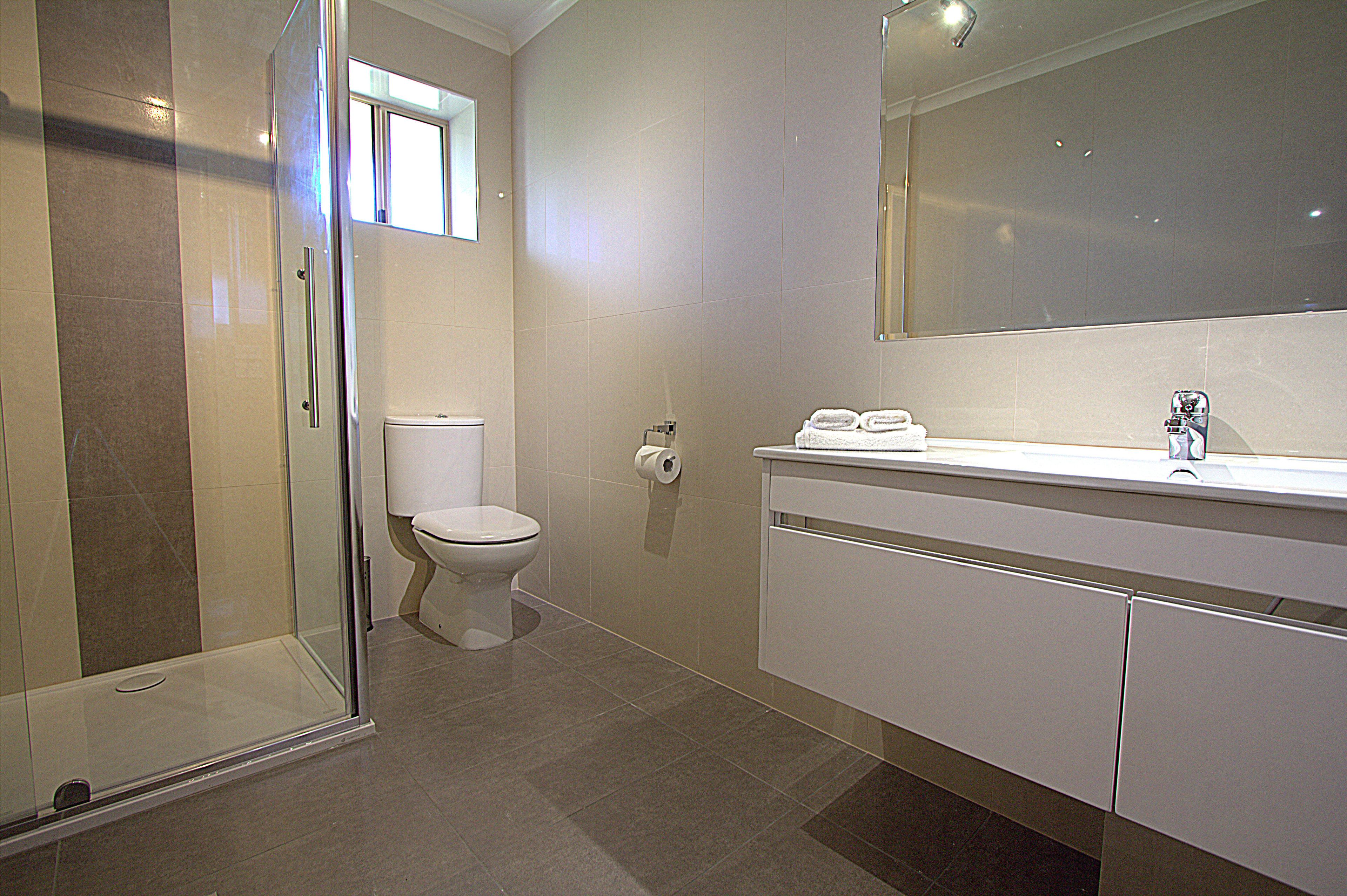 A modern bathroom with a glass shower enclosure, a toilet, and a vanity with a mirror.