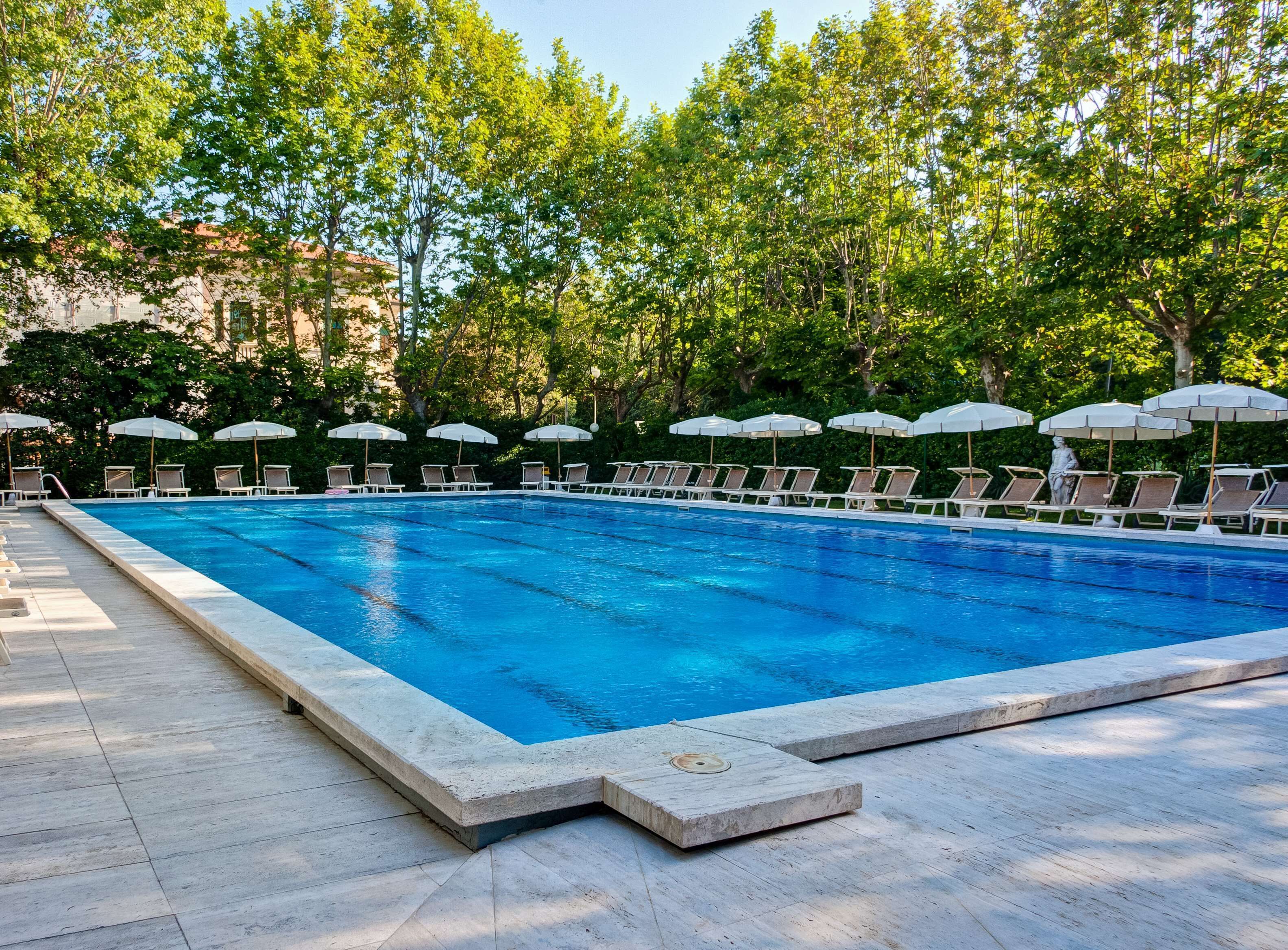 A rectangular swimming pool with clear blue water, surrounded by lounge chairs and umbrellas.
