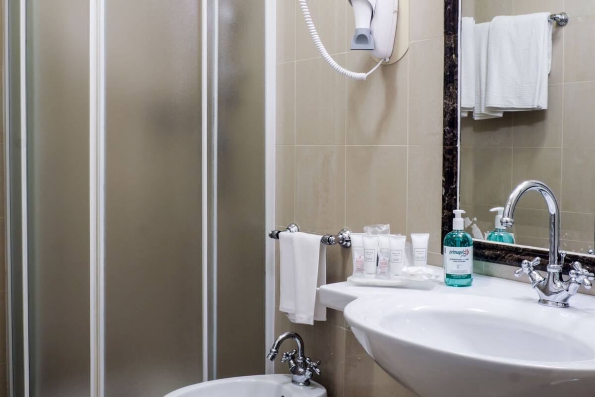 hair dryer, slippers, towels, soap