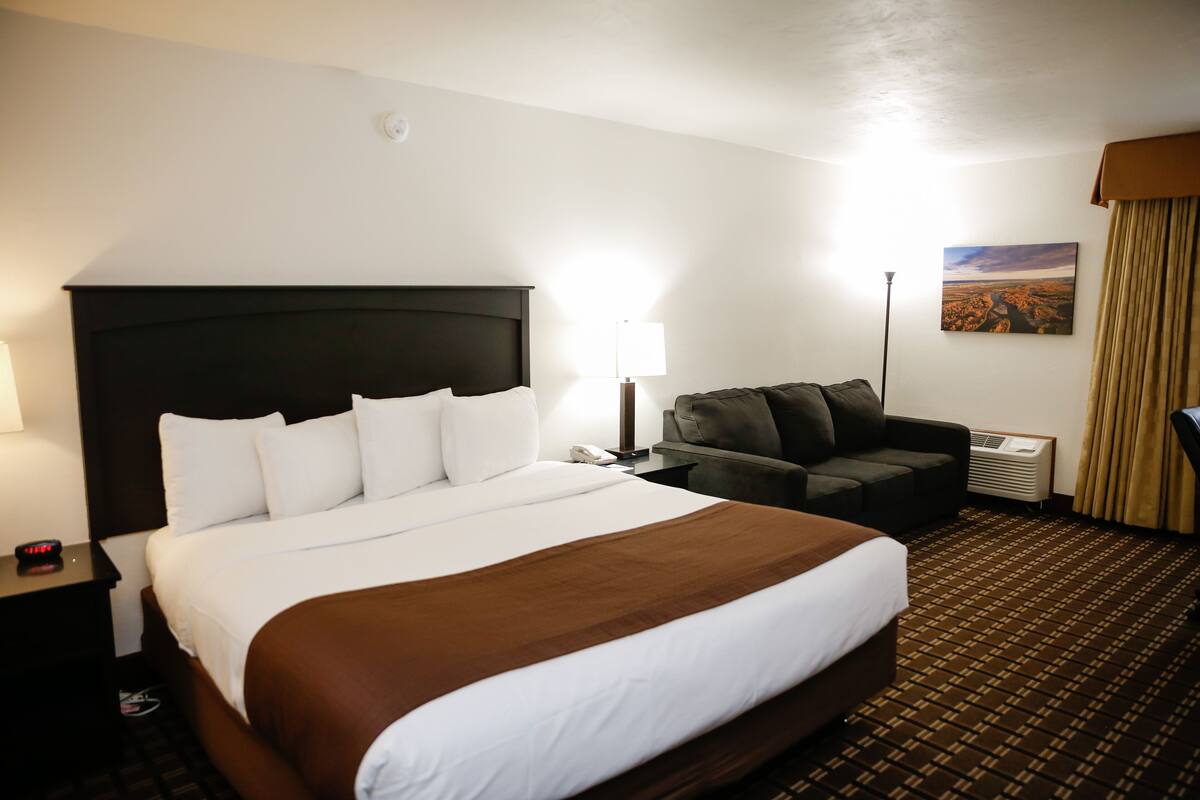 A hotel room with a large bed, a sofa, a lamp, and a painting on the wall.