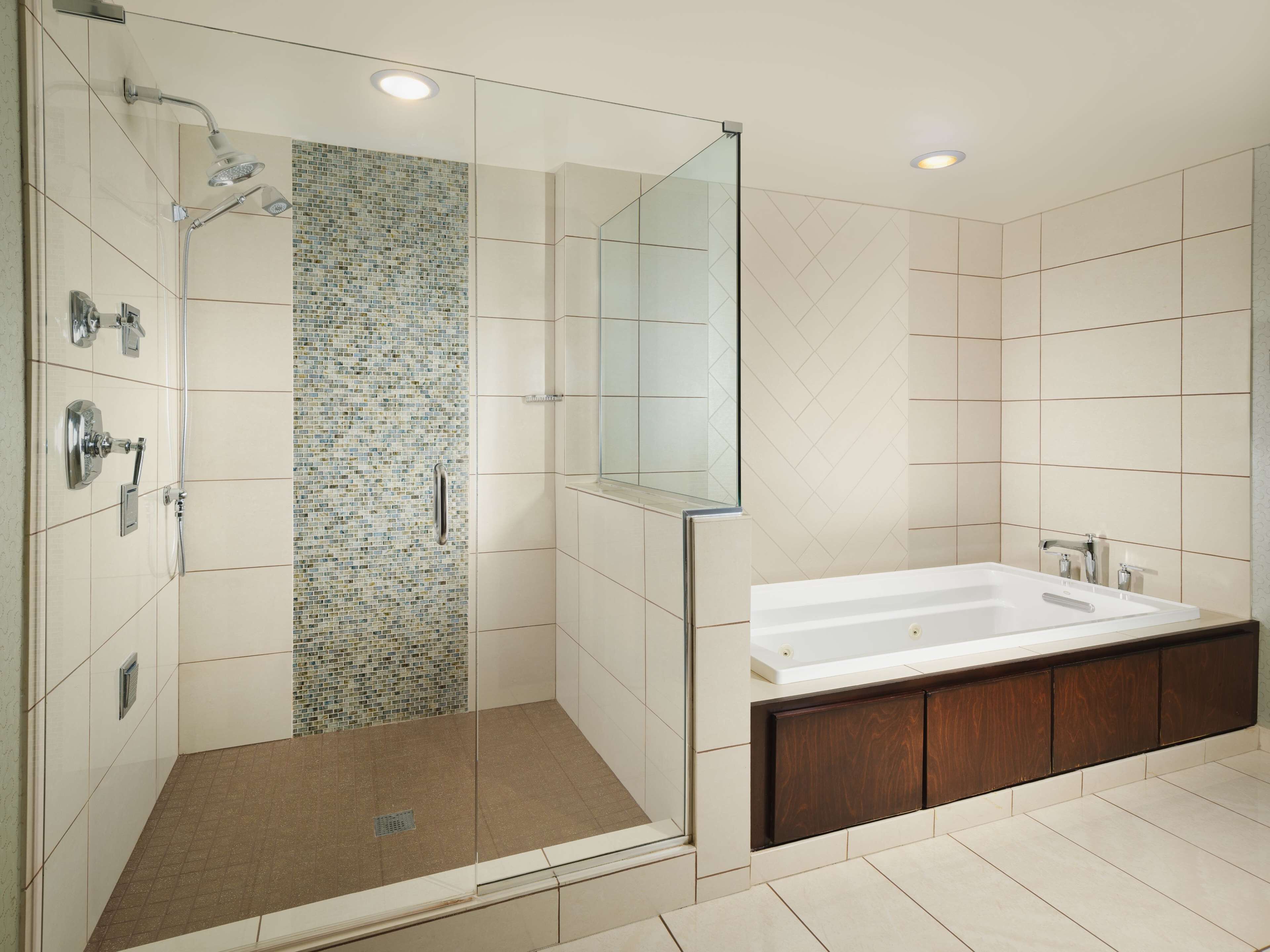 A modern bathroom with a walk-in shower, a large bathtub, and a vanity with a mirror.