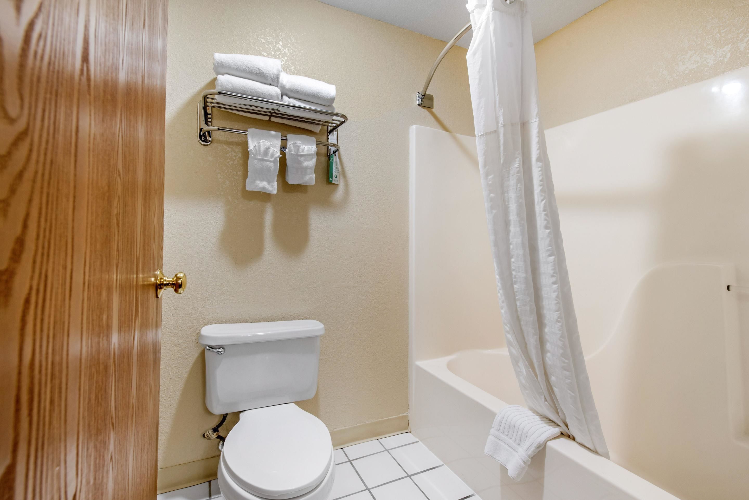 Une salle de bain comprenant des toilettes, une douche avec un rideau et un porte-serviettes avec des serviettes pliées.