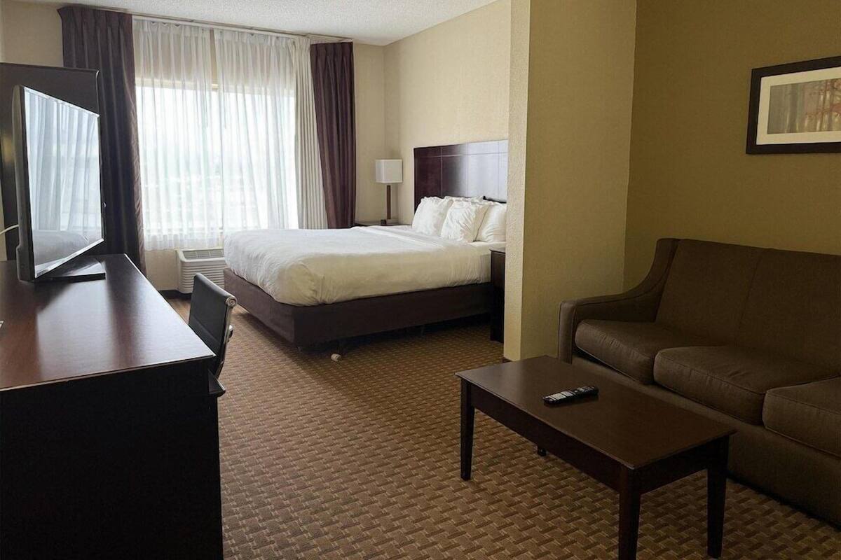 A hotel room with a bed, a desk, a television, a sofa, and a lamp.