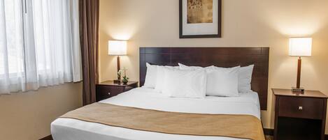 A hotel room with a large bed, two bedside tables, a nightstand, a framed picture on the wall, and a window with curtains.
