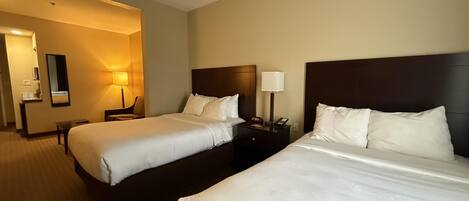 A hotel room with two beds, a nightstand with a lamp, a chair, and a mirror on the wall.
