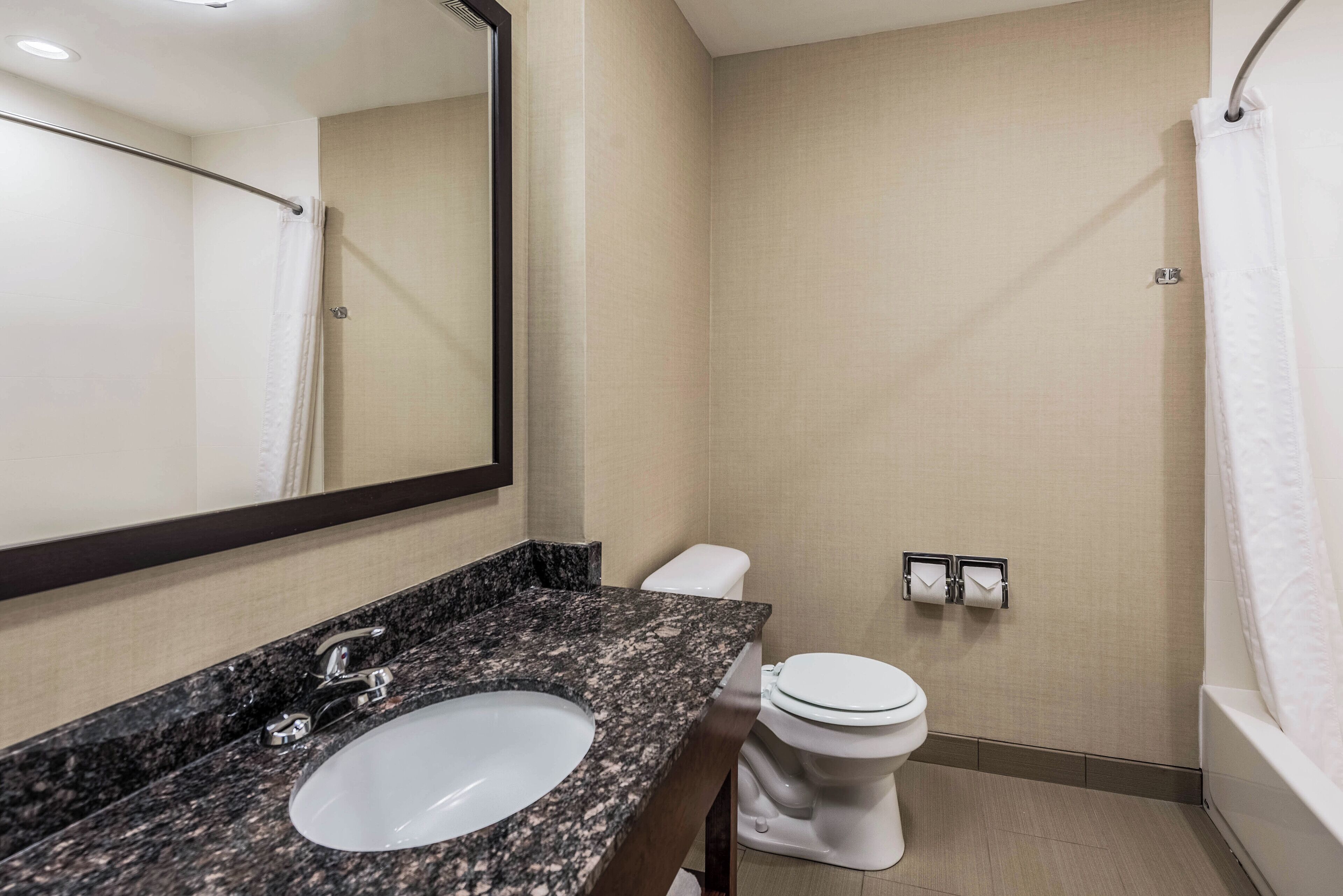 A bathroom with a granite countertop sink, a white toilet, and a shower curtain.