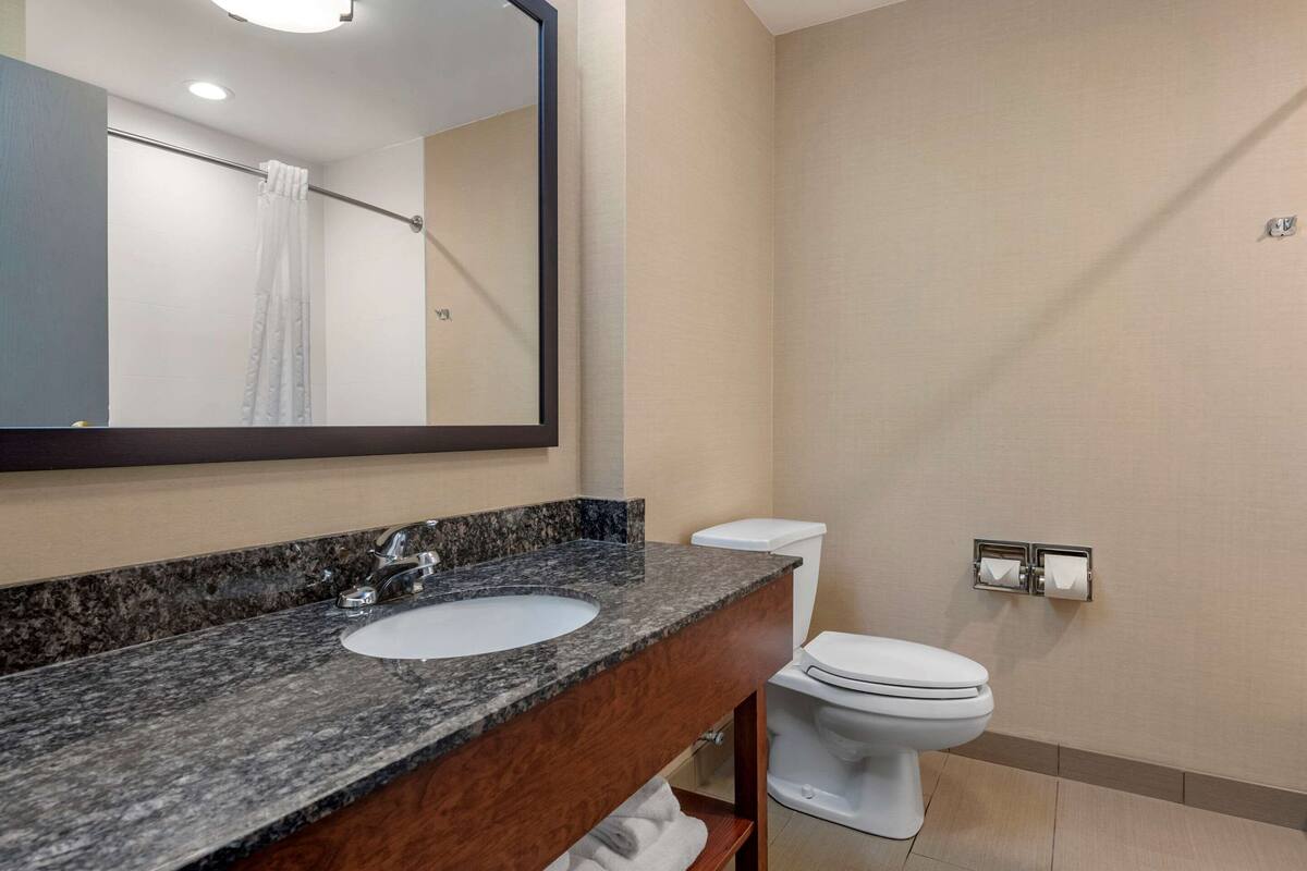 suite, 1 king bed, non smoking | bathroom | hair dryer, towels