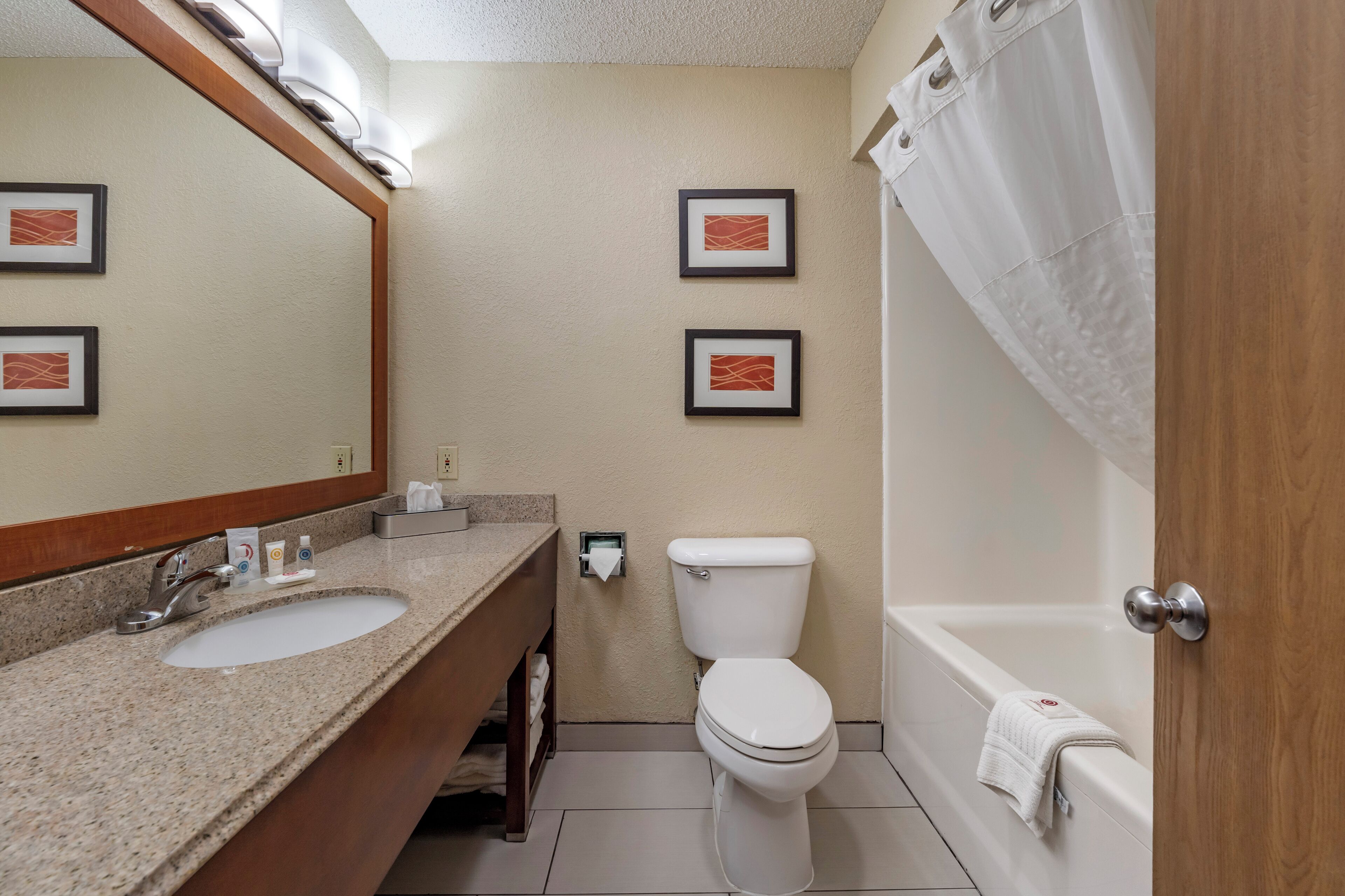 Een badkamer met een wastafel, toilet en bad. Er hangen afbeeldingen in lijsten aan de muur, een zeepdispenser en een douchegordijn.