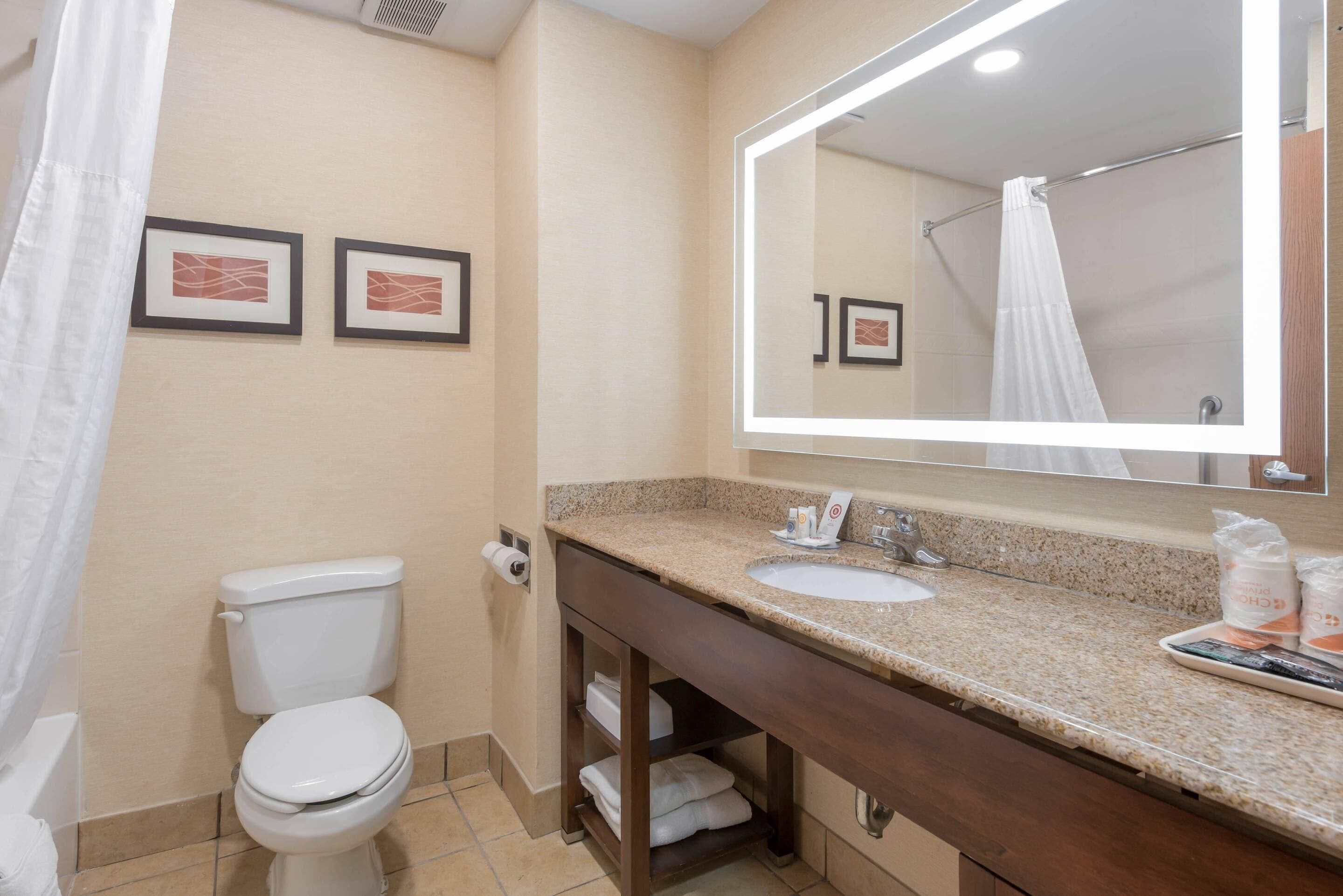 A bathroom with a toilet, sink, and mirror. There are two framed pictures on the wall.