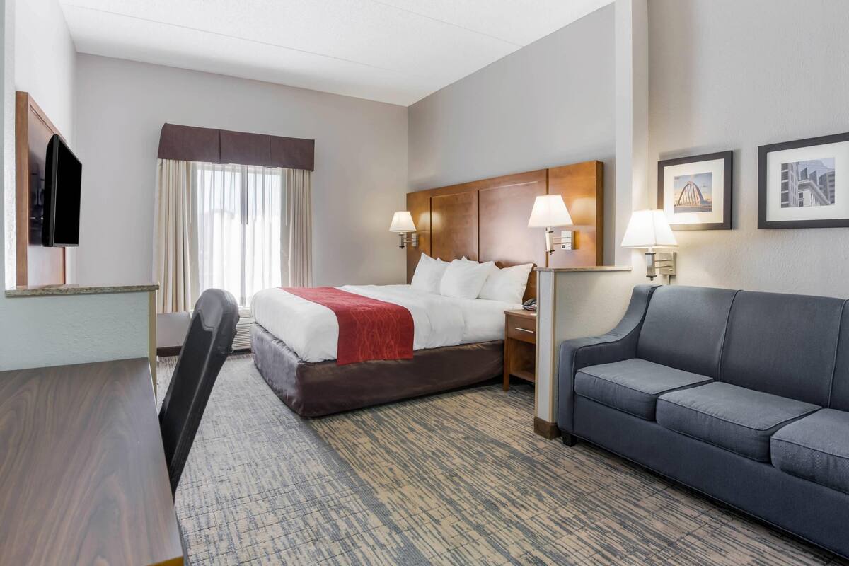 Une chambre d’hôtel avec un lit, des tables de chevet, une télévision, un canapé et un sol recouvert de moquette.