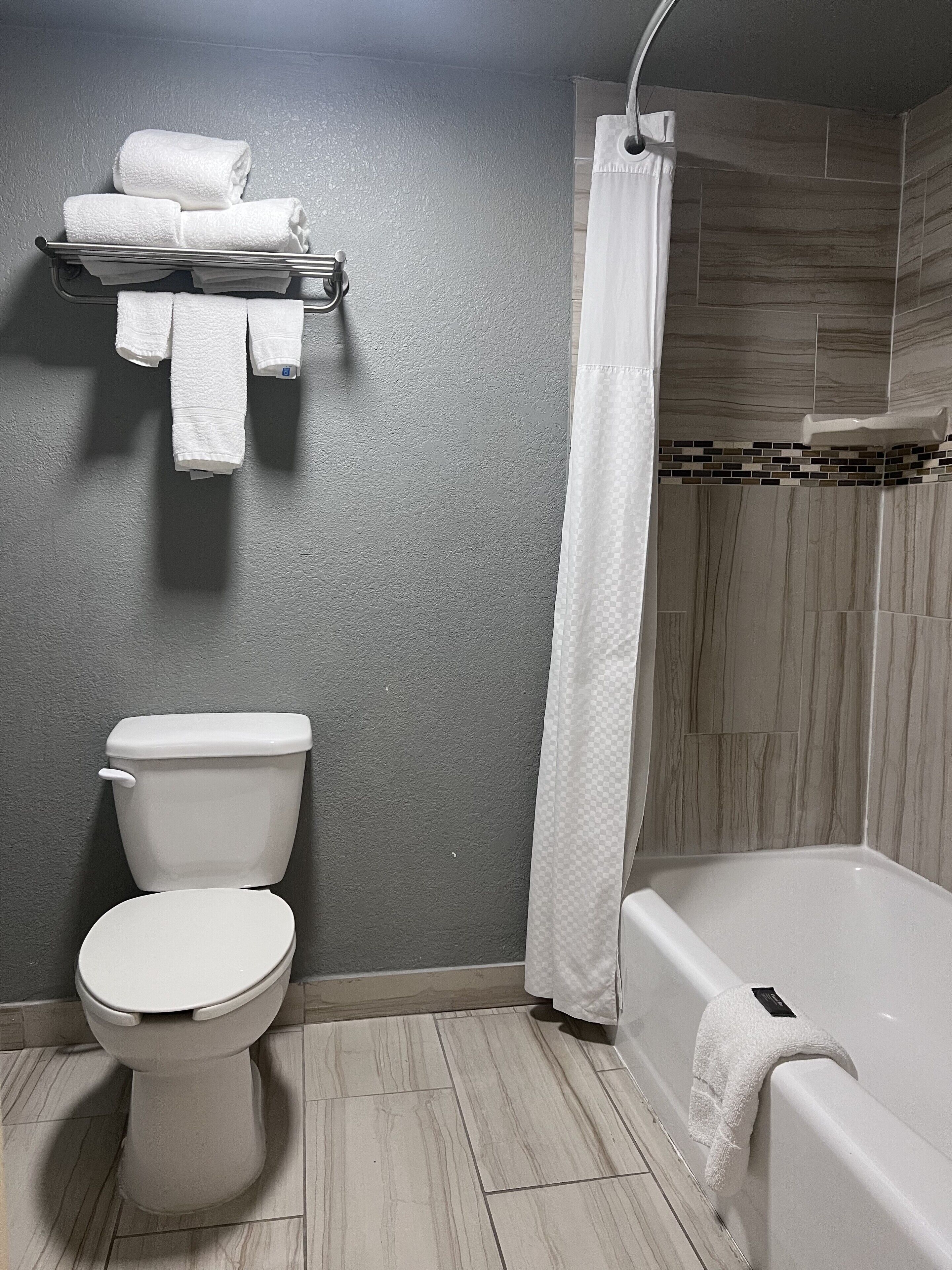 A bathroom with a toilet, a bathtub, and a shower curtain.
