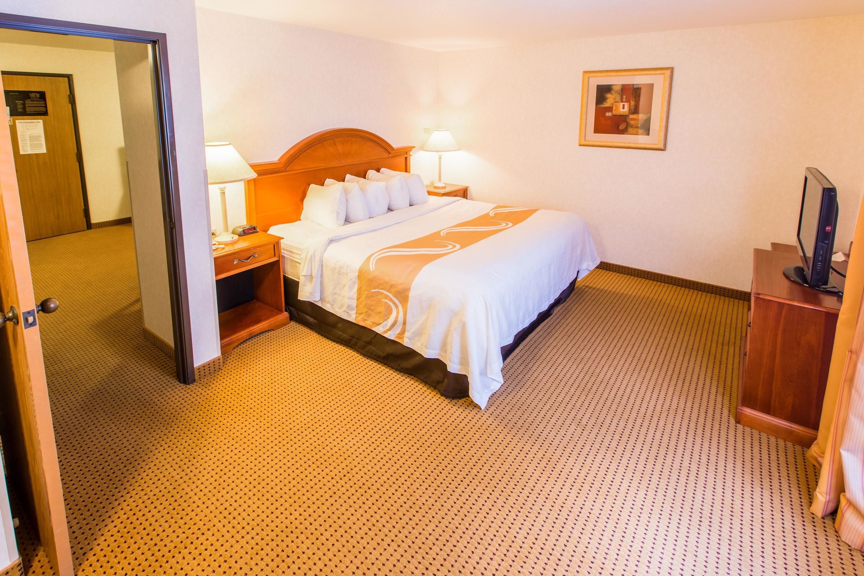 Una habitación de hotel con cama, lámparas de noche, televisor y un cuadro en la pared.