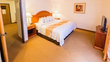 Una habitación de hotel con cama, lámparas de noche, televisor y un cuadro en la pared.