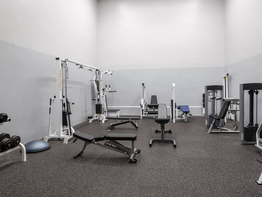 Un gimnasio con diverso equipo de ejercicio, incluyendo mancuernas, bancos y máquinas de pesas.