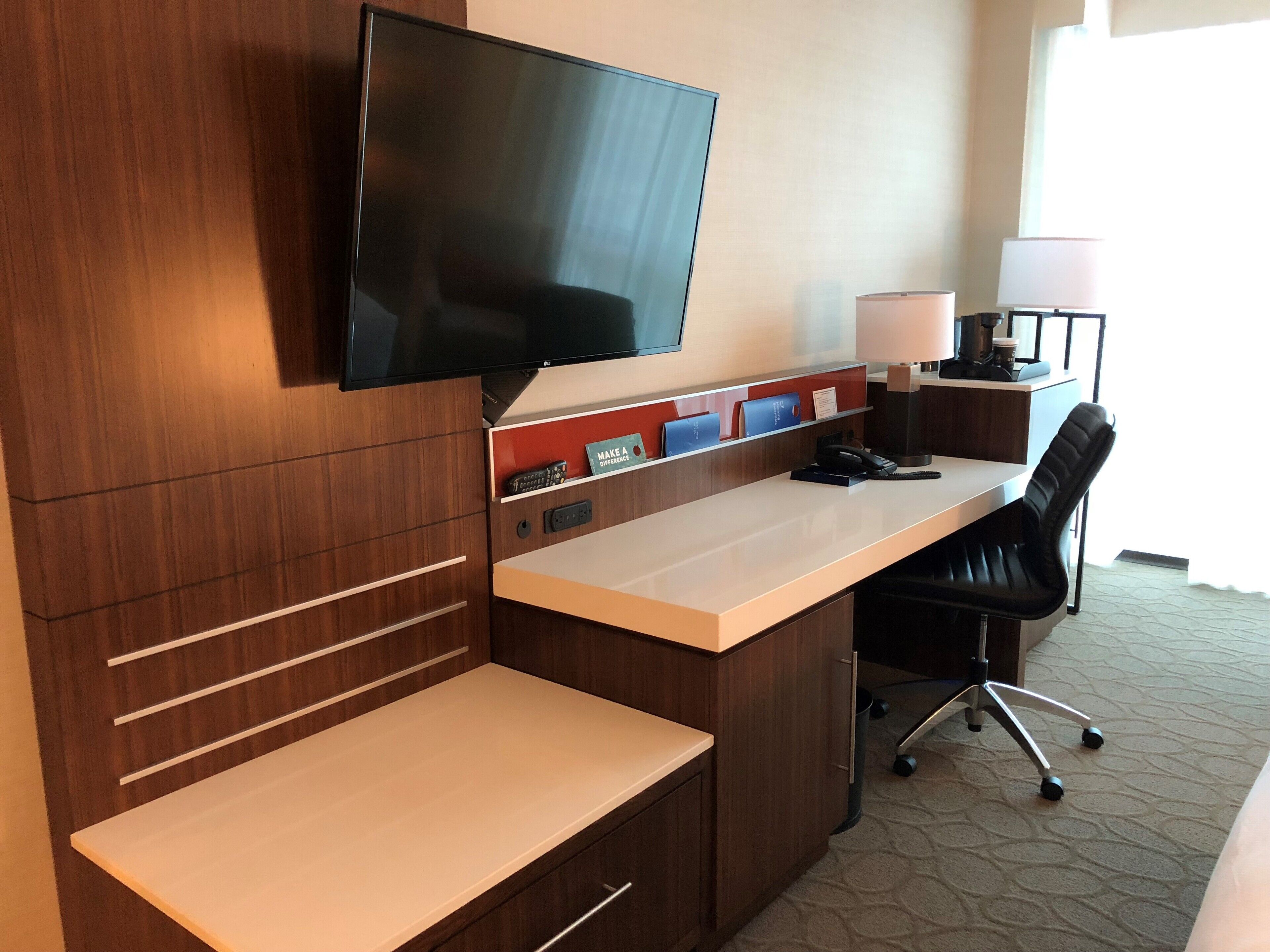 1 bedroom, desk, laptop workspace, blackout curtains