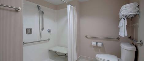 Une salle de bain avec une douche, des toilettes et un banc.