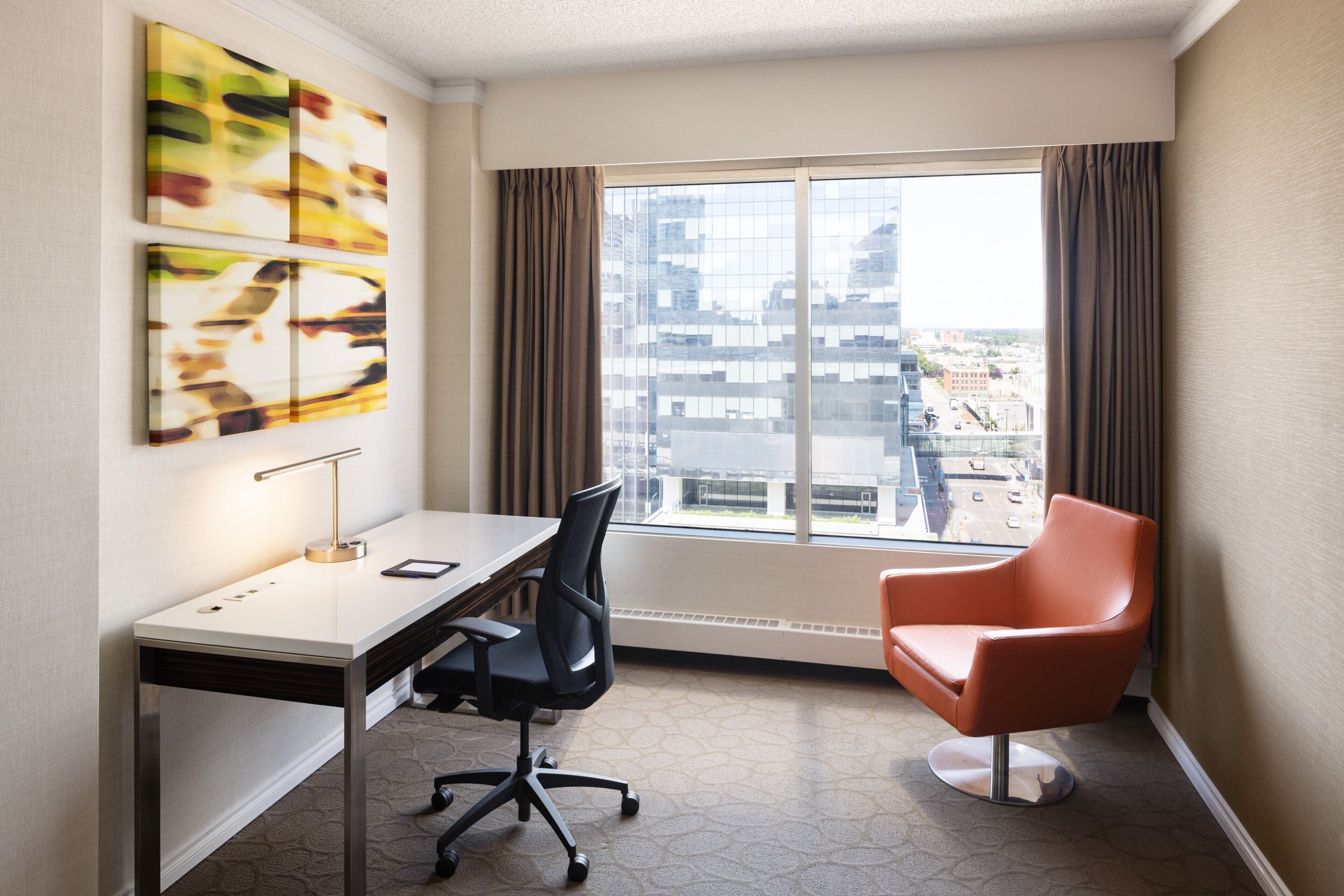 premium bedding, pillow-top beds, desk, blackout curtains