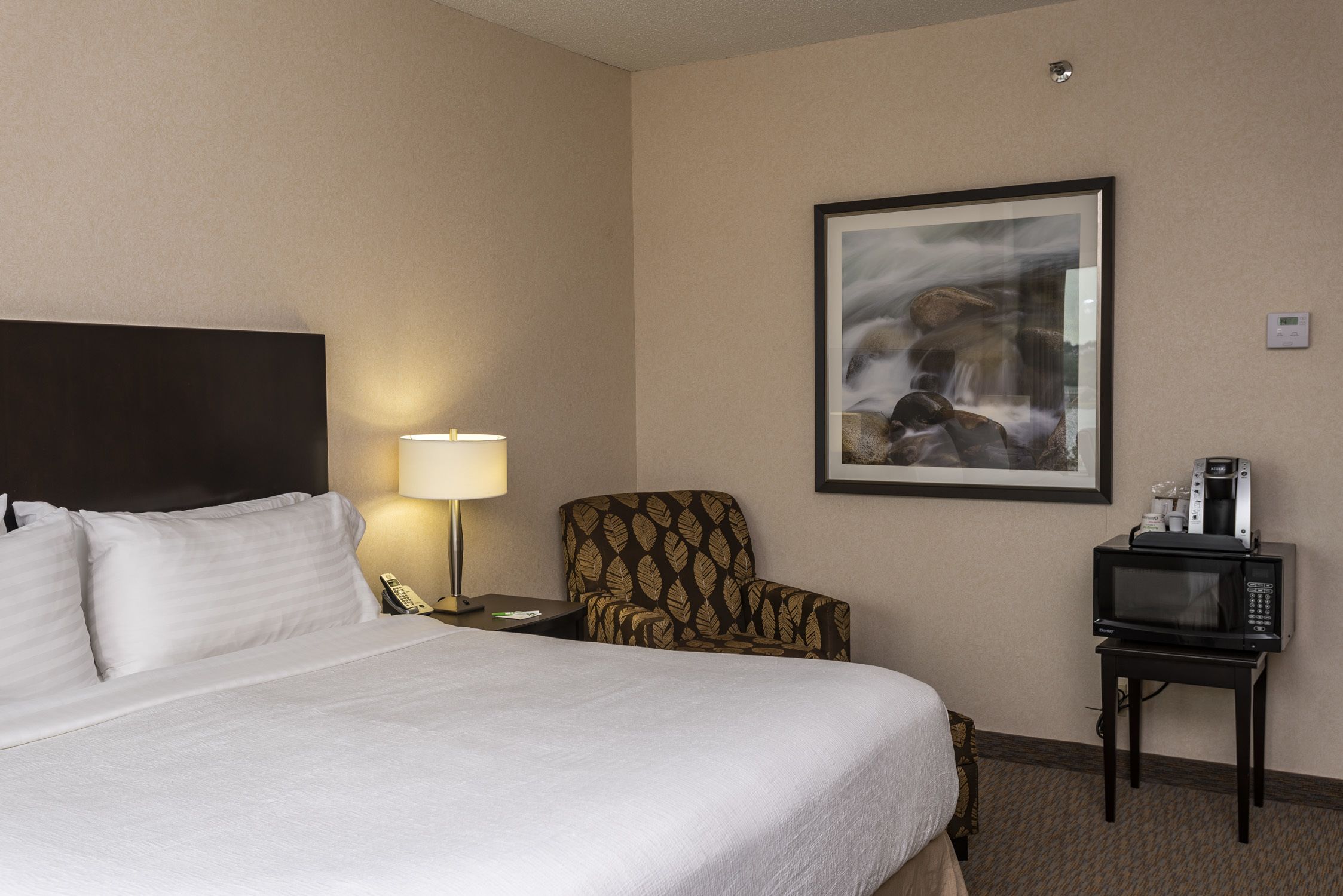 Une chambre d’hôtel avec un grand lit, une chaise, une table de chevet avec une lampe, un tableau encadré au mur et un micro-ondes posé sur une petite table.