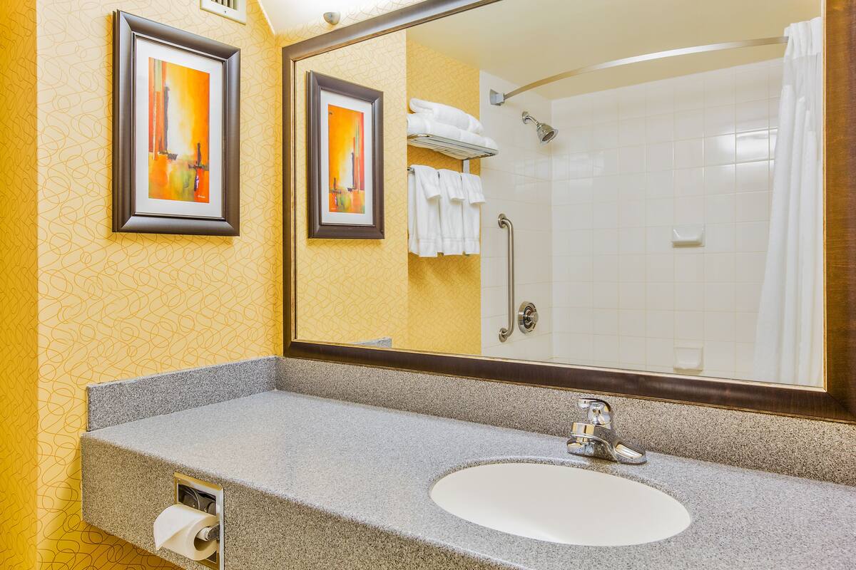 combined shower/bathtub, free toiletries, hair dryer, towels