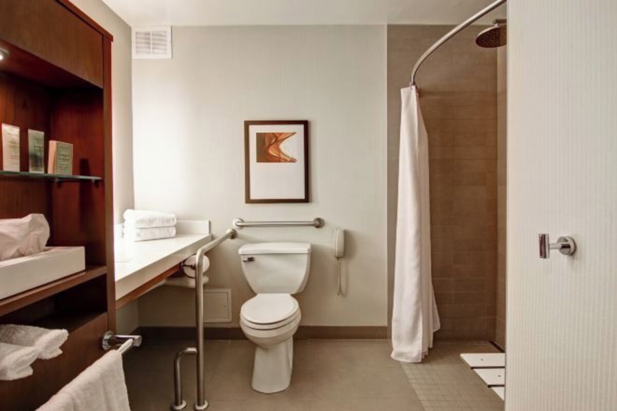 A modern bathroom with a toilet, shower, and a towel rack.